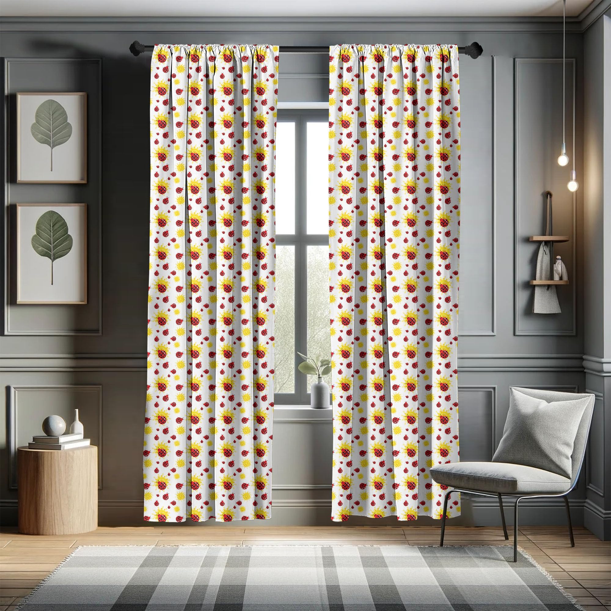 Ambesonne Ladybugs Window Curtains - Summer Inspired Sun & Bug Pattern, Cartoon Animal Design - Lightweight Blackout Curtains 2 Panel Set with Rod Pocket, 28