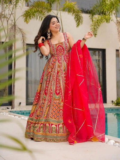 Elegant Red Multicolor Printed Organza Silk Anarkali Gown with Dupatta Set of 2 for Women | Indian Ethnic Wear for Weddings, Festivals & Special Occasions