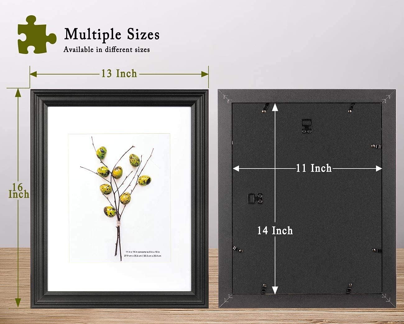 11x14 Black Picture Frames Set of 2 - 8x10 with Mat, HD Plexiglass - Wall Mount for Home & Office Decor
