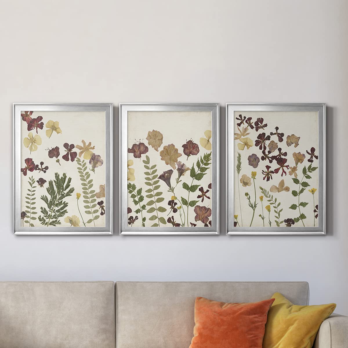 Silver Framed Canvas Wall Art Set - 3-Piece Floral & Animal Pressed Flower Arrangement (18x24 Inches Each) | Italian Art Deco Style for Living Room Décor | Perfect for Home, Office & Gift Giving