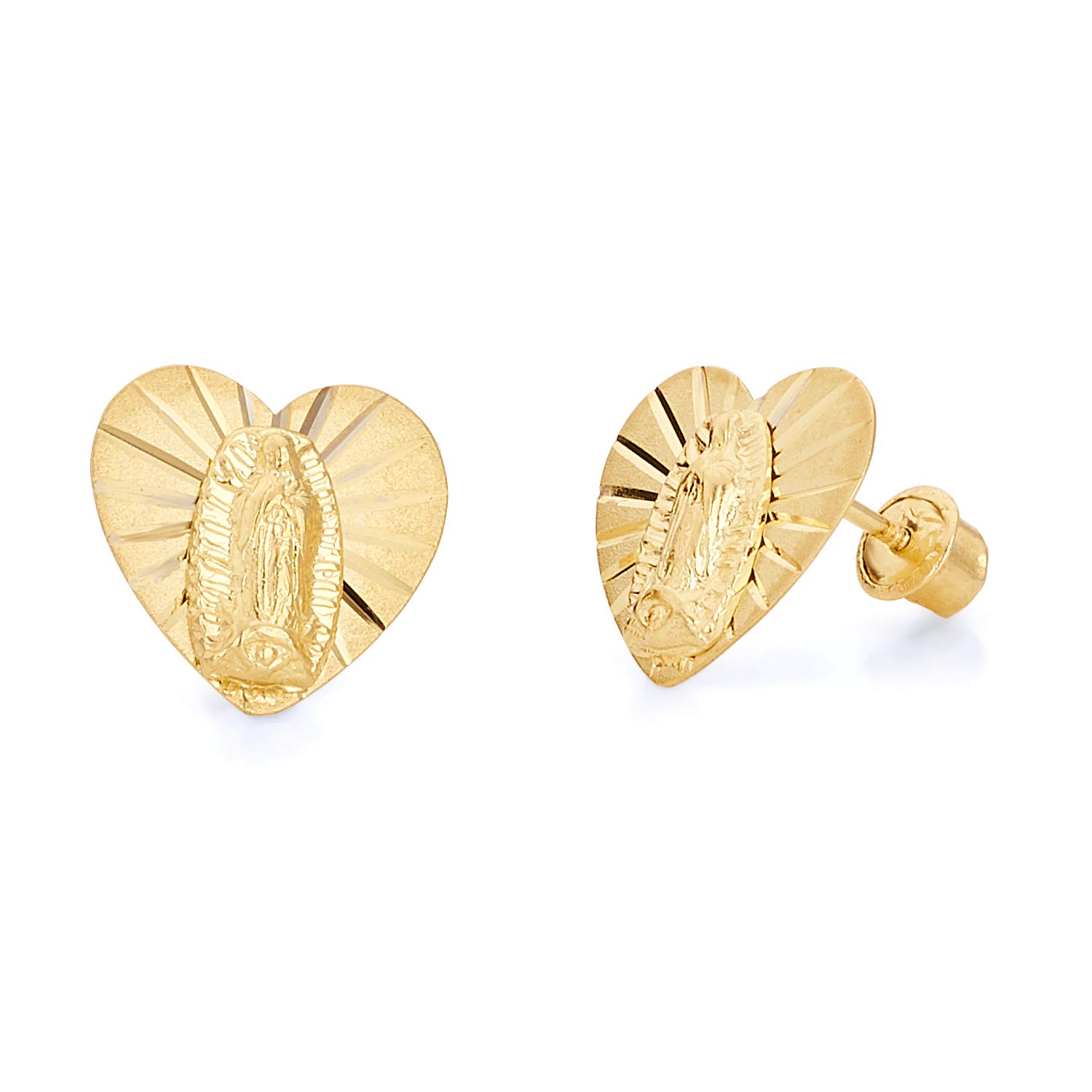 14K Yellow Gold Our Lady of Guadalupe Heart Stud Earrings with Secure Screw Backs - Perfect for Religious Gifts, First Communion, and Everyday Faith Jewelry