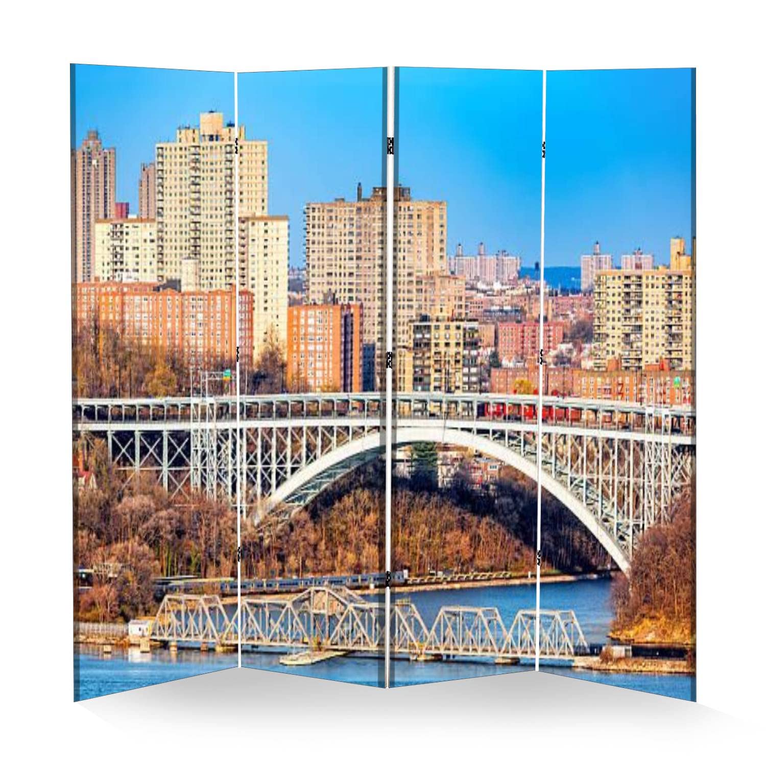 4 Panel Folding Room Divider - Portable Privacy Screen with Henry Hudson Bridge Canvas Design | Freestanding Wall Separator for Home, Office, Dorm & Event Spaces