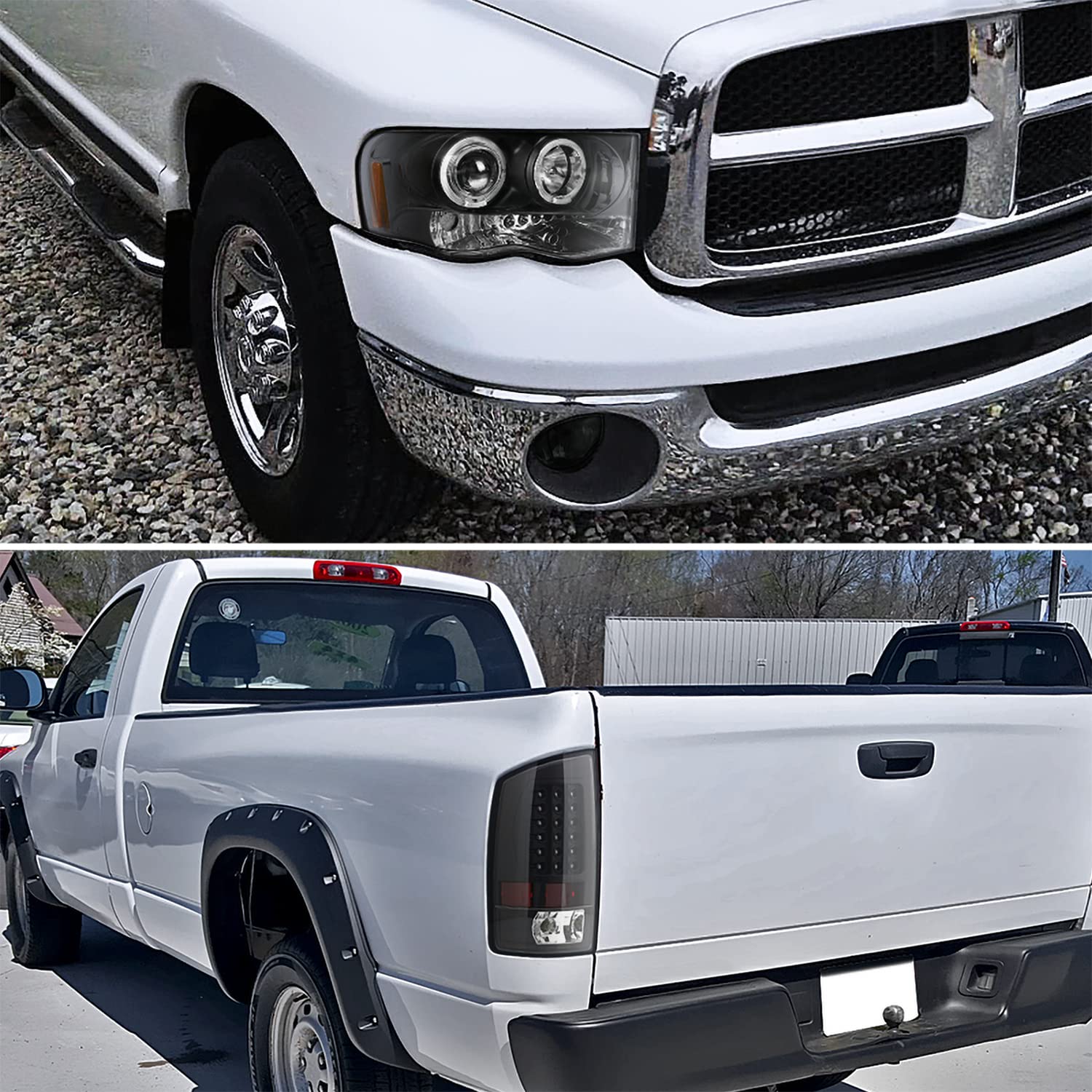 Spec-D Tuning Black Projector Headlights + LED Tail Lights + Bumper Fog Lamps Smoke for 2002-2005 Dodge Ram 1500/2500/3500 - Left & Right Pair Headlight Assembly - Upgrade for Night Driving & Off-Roading