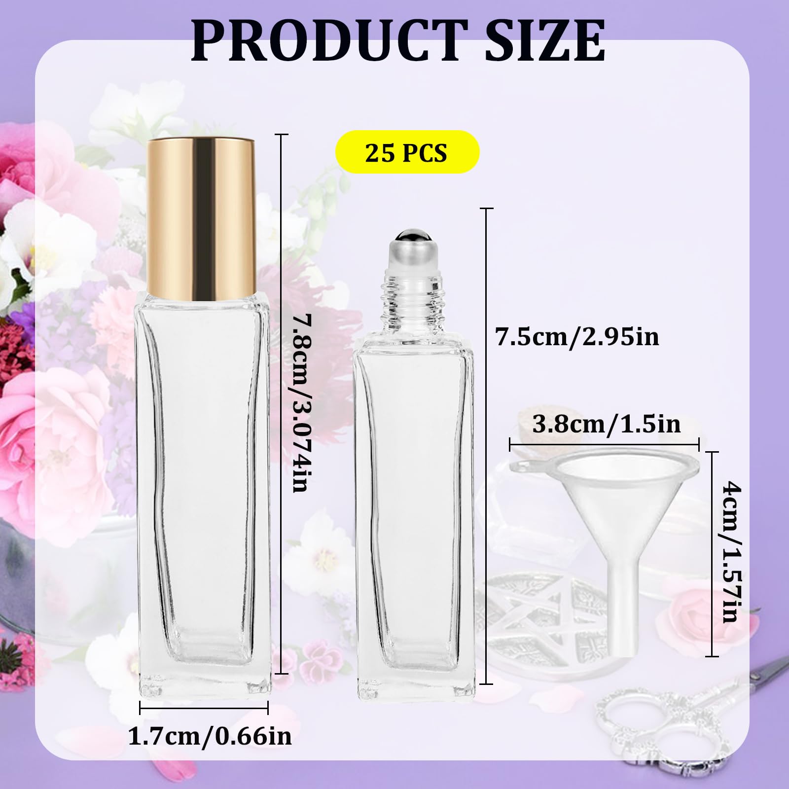 25 Pcs 10ml Essential Oil Roller Bottles - Square Thick Glass Roller Bottles with Stainless Steel Balls, Leakproof & Travel-Friendly (Includes 2 Funnels, Gold) - Perfect for Aromatherapy, DIY Blends & On-the-Go Use