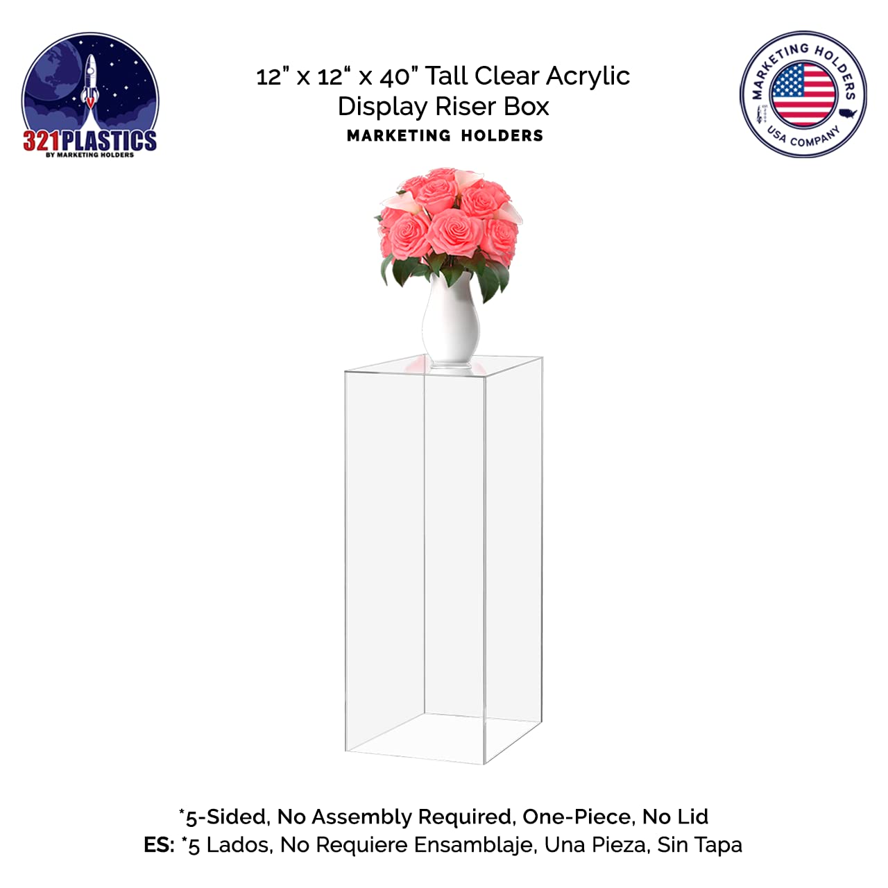 12x12x40 Inch Clear Acrylic Display Riser Box - Tall Platform Stand for Showcasing Collectibles, Jewelry, Flowers | No Assembly Required Hollow Pedestal for Retail Stores, Museums & Home Decor