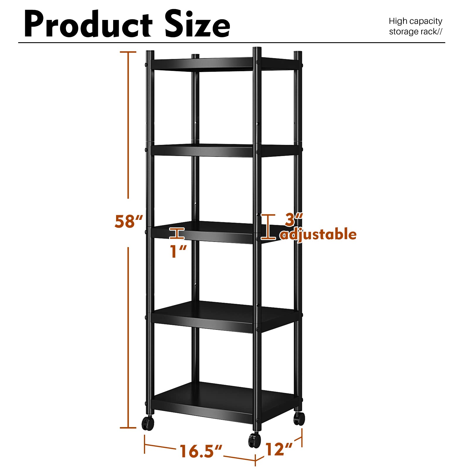 5-Shelf Heavy Duty Metal Storage Rack with Wheels - Adjustable Kitchen Organizer, Garage Shelving Unit, Black - Perfect for Pantry, Laundry Room & Workshop Organization
