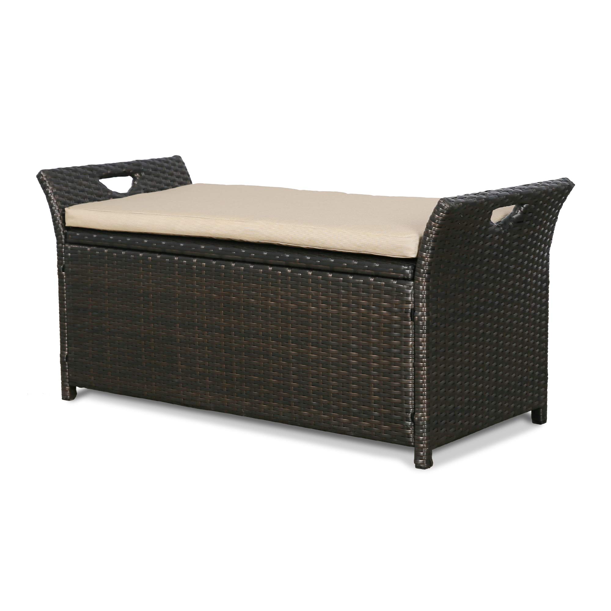 Outdoor Wicker Storage Bench with Cushion - Rattan Deck Box for Patio Furniture, Beige - Perfect for Garden, Poolside & Backyard Organization