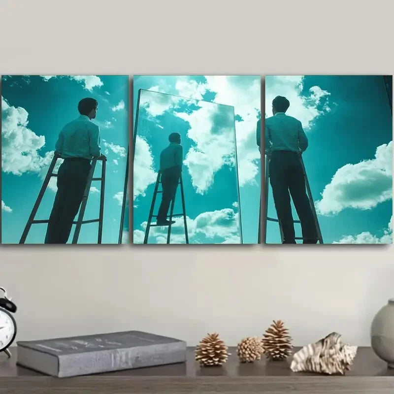 3-Piece Surreal Film Triptych Wall Art Set with Ladder & Sky - Framed Canvas 40x60cm (16x24in) - High Quality Print - 100% Australian Made - Ready to Hang - Perfect for Living Room, Bedroom or Office Decor