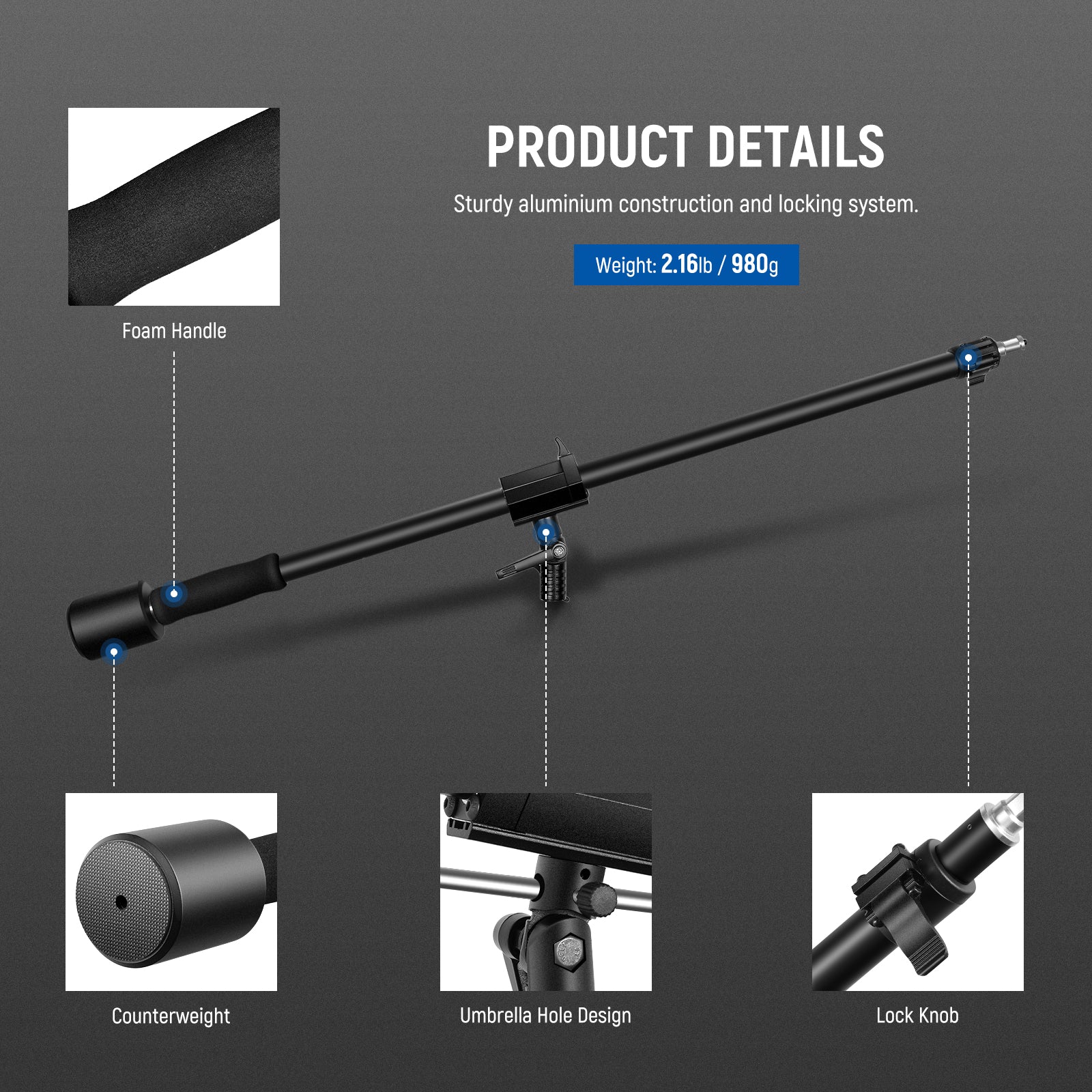 NEEWER 90-160cm Adjustable Tripod Boom Arm with Sandbag - Professional Photography & Video Studio Equipment for Lighting, Microphones & Cameras