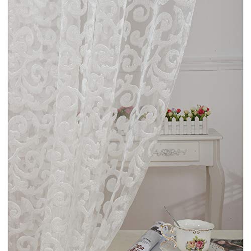 NAPEARL Elegant Jacquard Sheer Curtains 96 Inches Long - Light Filtering Voile Drapes with Pencil Pleat, Set of 2 Panels (52x96 Inch Each, White) for Living Room, Bedroom & Office Windows