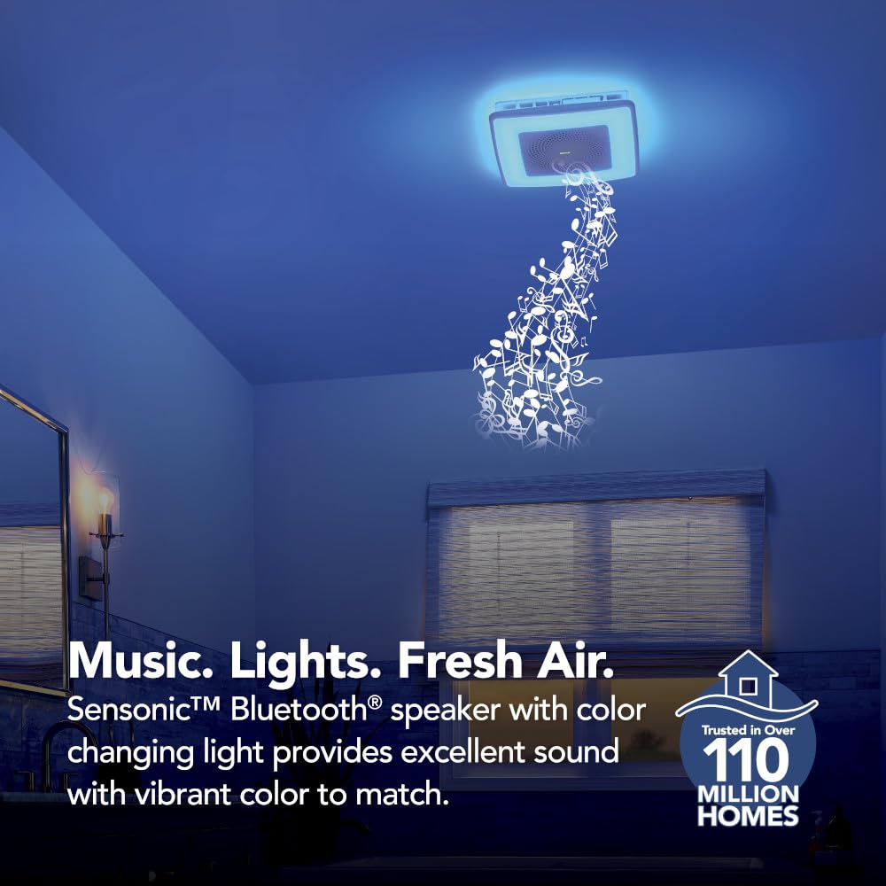 Broan-NuTone SPK110RGBL ChromaComfort Bathroom Exhaust Fan with Bluetooth Speaker & 24-Color LED Light - 110CFM, 1.5 Sones, White - Perfect for Modern Bathrooms, Home Gym Ventilation & Spa-Like Relaxation