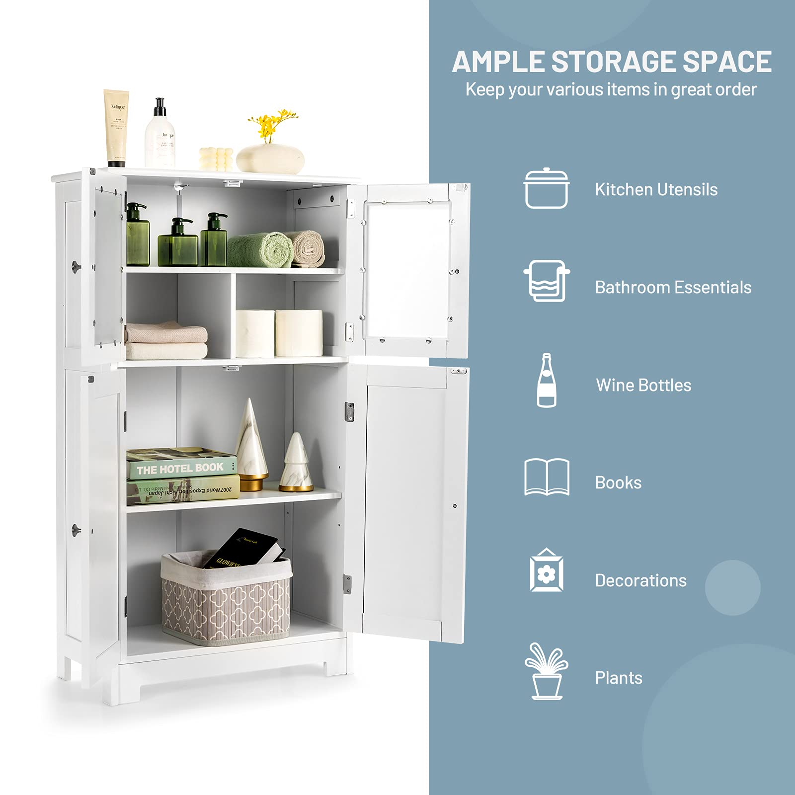 Tangkula Freestanding Bathroom Floor Cabinet with Glass Doors - Adjustable Shelf Wood Storage Cabinet for Bathroom, Kitchen, Hallway, Living Room & Office - Perfect for Organizing Towels, Toiletries & Home Decor (White)