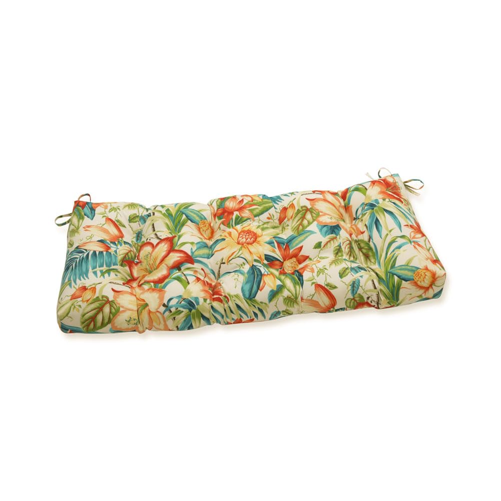 Pillow Perfect Tropic Floral Indoor/Outdoor Sofa Cushion - Weather & Fade Resistant Tufted Bench Swing Pillow with Ties (18