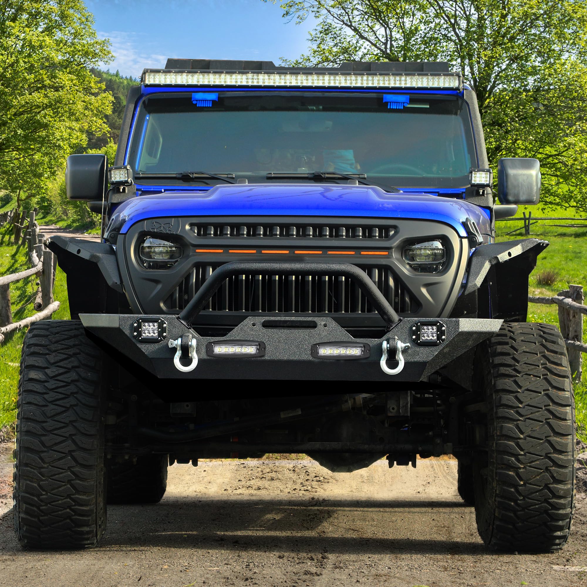YITAMOTOR Heavy Duty Front Bumper for 2018-2025 Jeep Wrangler JL & 2020-2025 Jeep Gladiator - Rock Crawler Off-Road Bumper with 4 LED Lights & 2 D-Rings - Perfect for Off-Roading, Trail Riding & Jeep Modifications