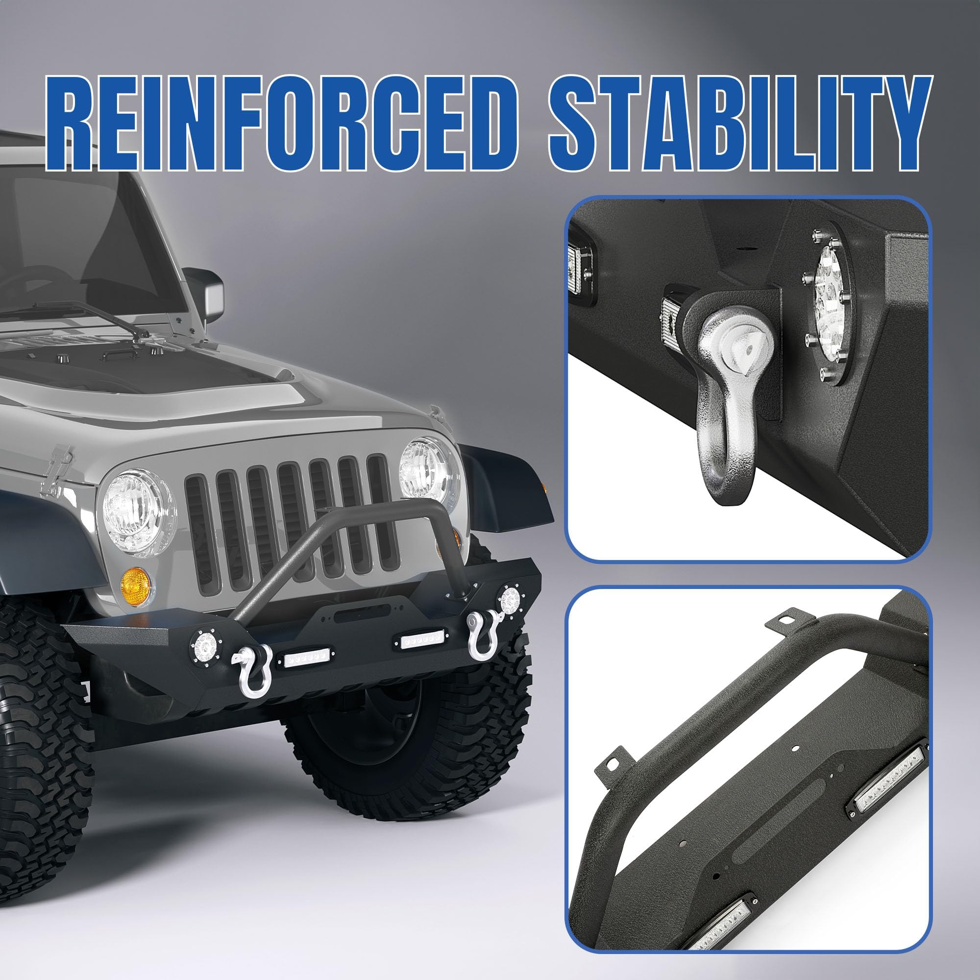 KUAFU Black Front Bumper with LED Lights, D-Rings & Winch Plate - Compatible with 2007-2025 Jeep Wrangler JK, Unlimited JL & Gladiator JT | Off-Road Adventure & Truck Protection Accessory