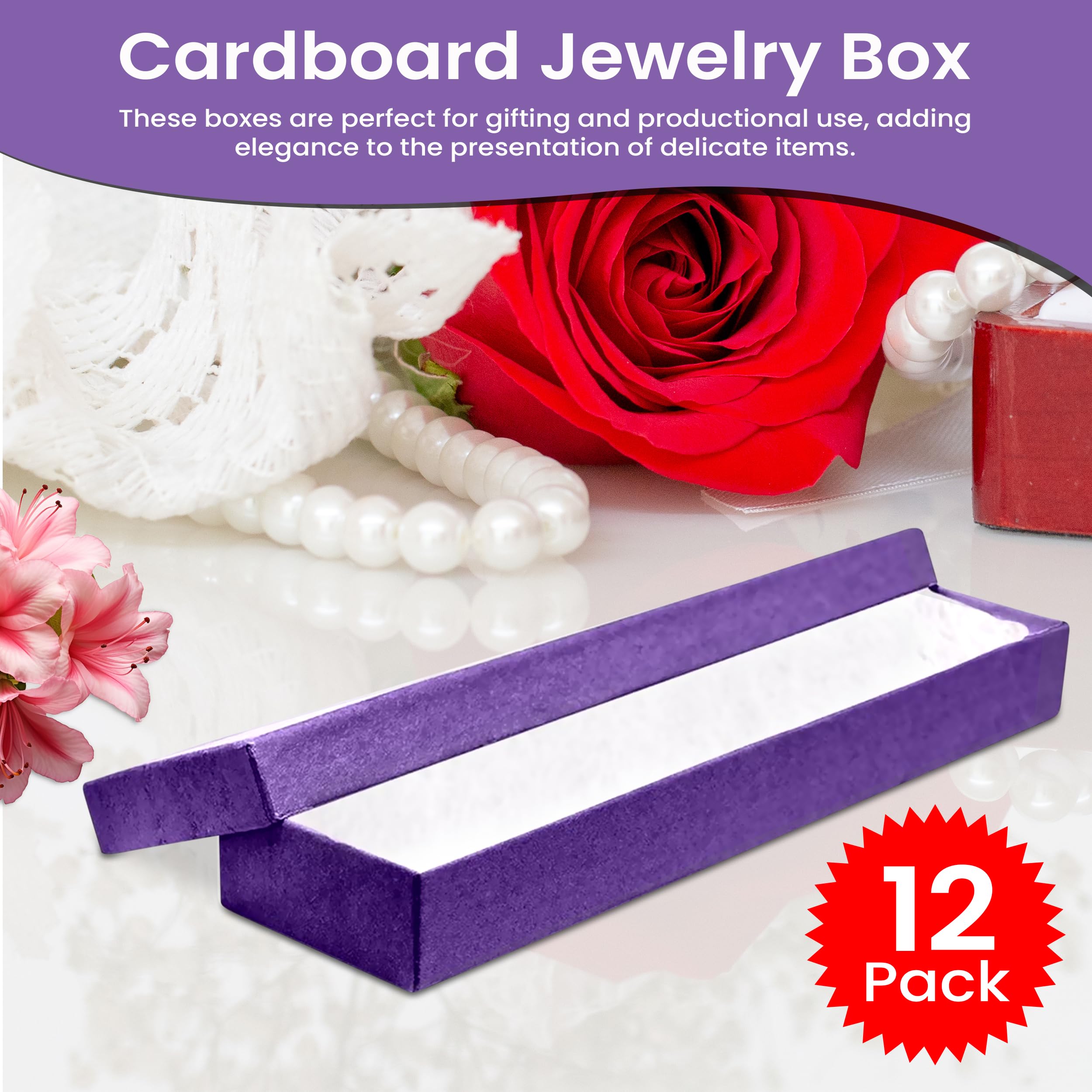 12 Pack Purple Jewelry Gift Boxes 8x2x0.87 Inch - Premium Cardboard Jewelry Storage Box with Cotton Filling & Lid - Made in USA - Perfect for Bracelets, Necklaces, Rings, Earrings - Great for Gift Wrapping, Wedding Favors, Jewelry Display & Retail Packaging
