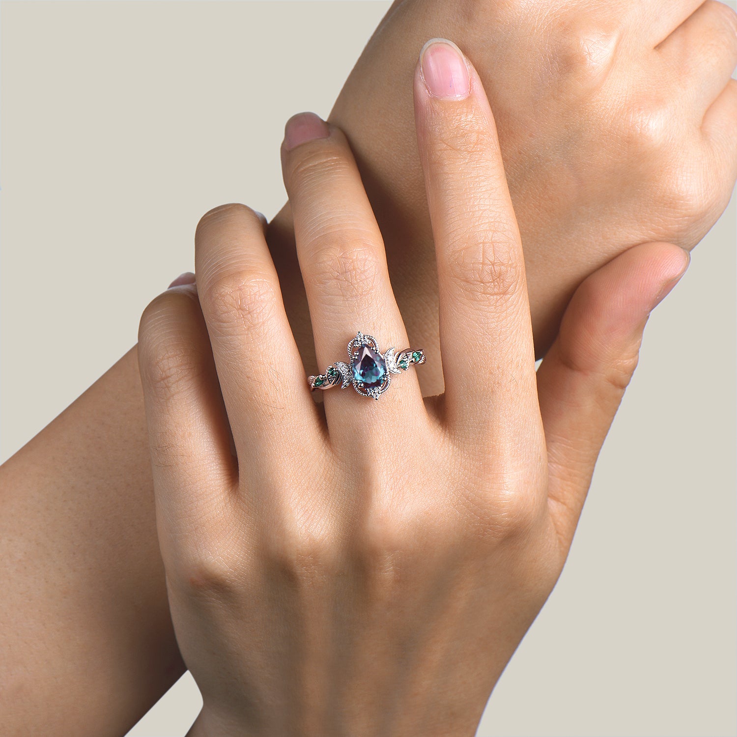 Pear Cut Color Changing Alexandrite Engagement Ring with Diamond Accents - Moon Twisted Wedding Band for Proposals, Anniversaries & Romantic Occasions
