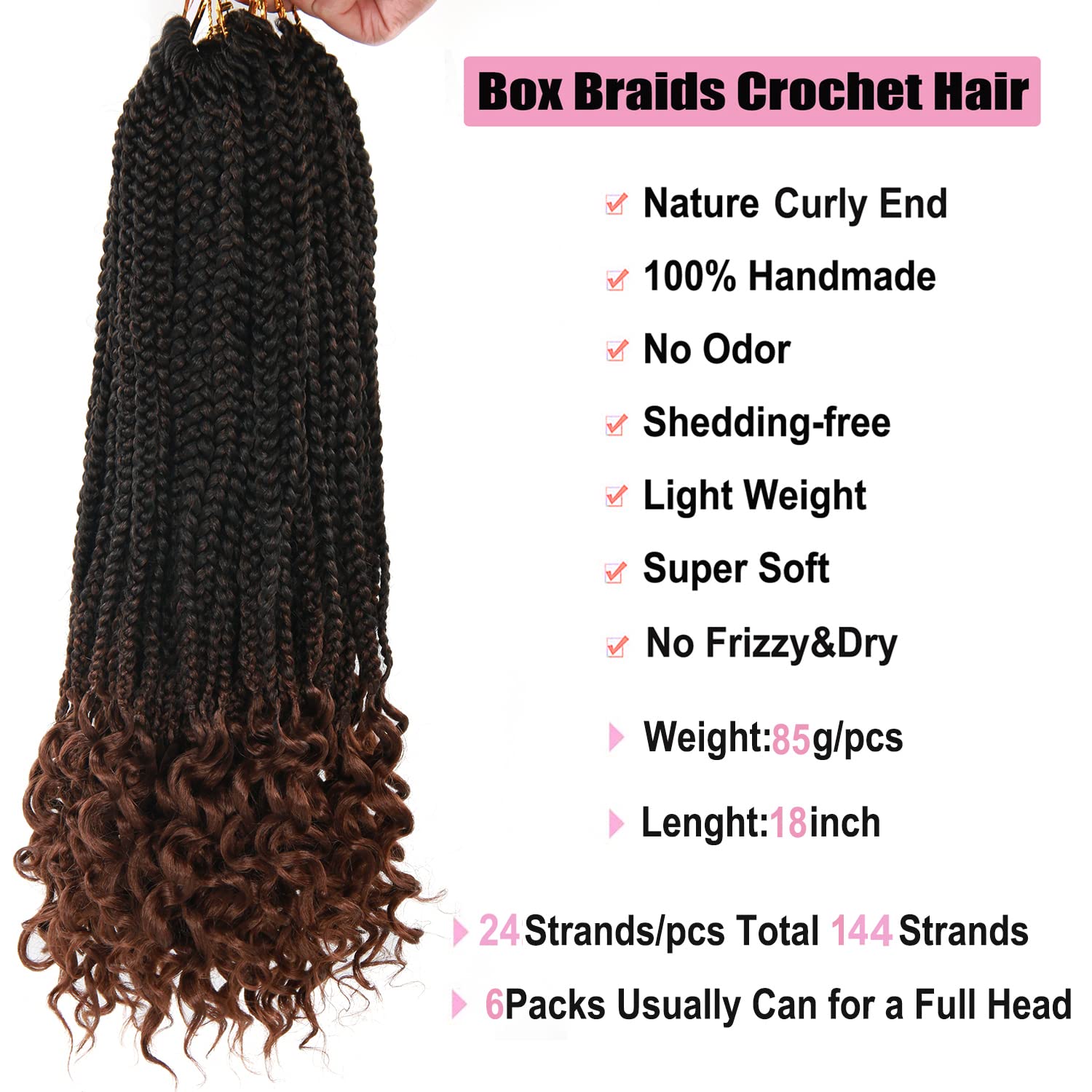 18 Inch 144 Roots Crochet Braiding Hair Extensions with Curly Ends - Ombre Brown Box Braid Synthetic Hair for Women (1B/30 Black & Brown) | Perfect for Protective Styles, Twist Outs & Everyday Wear