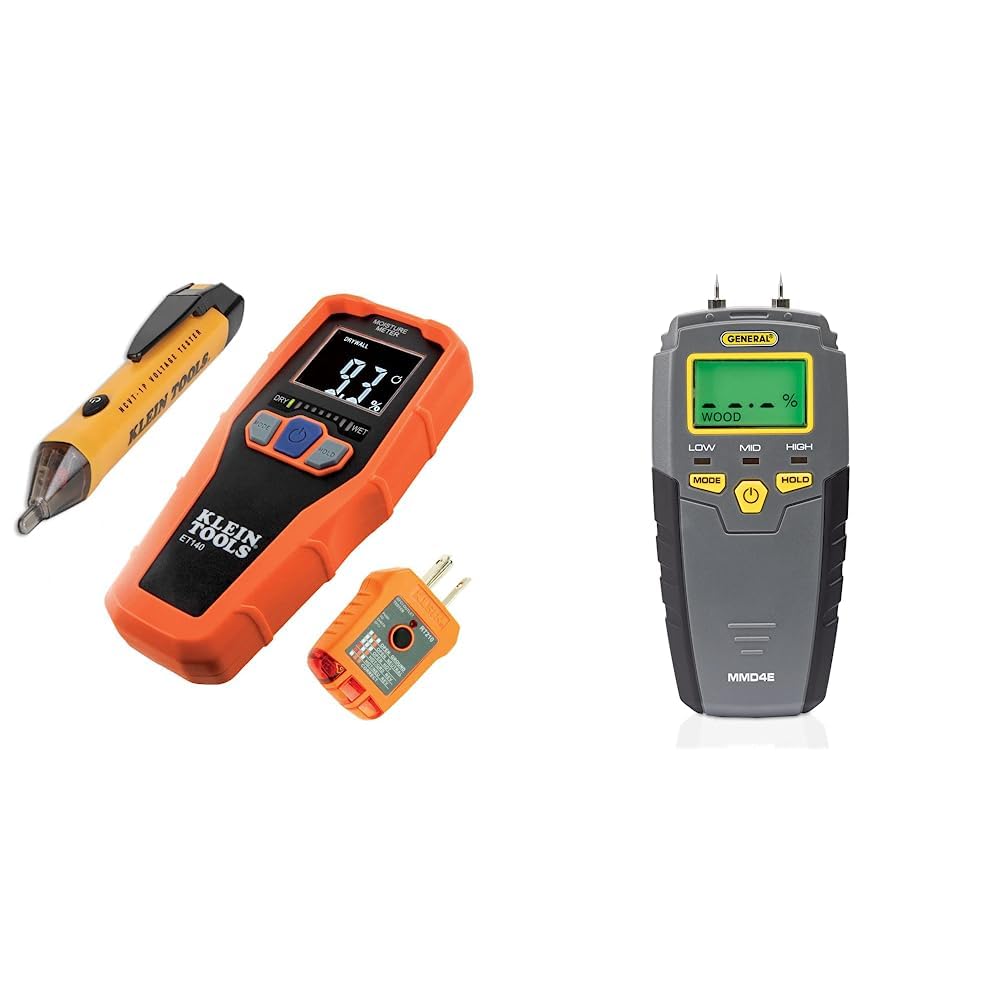 Klein Tools 80023P Professional 4-in-1 Digital Moisture Meter - Water Leak Detector with Backlit LCD Display & Audible/Visual Alerts for High/Medium/Low Moisture Levels - Ideal for Home Inspection, Woodworking, and Construction Projects