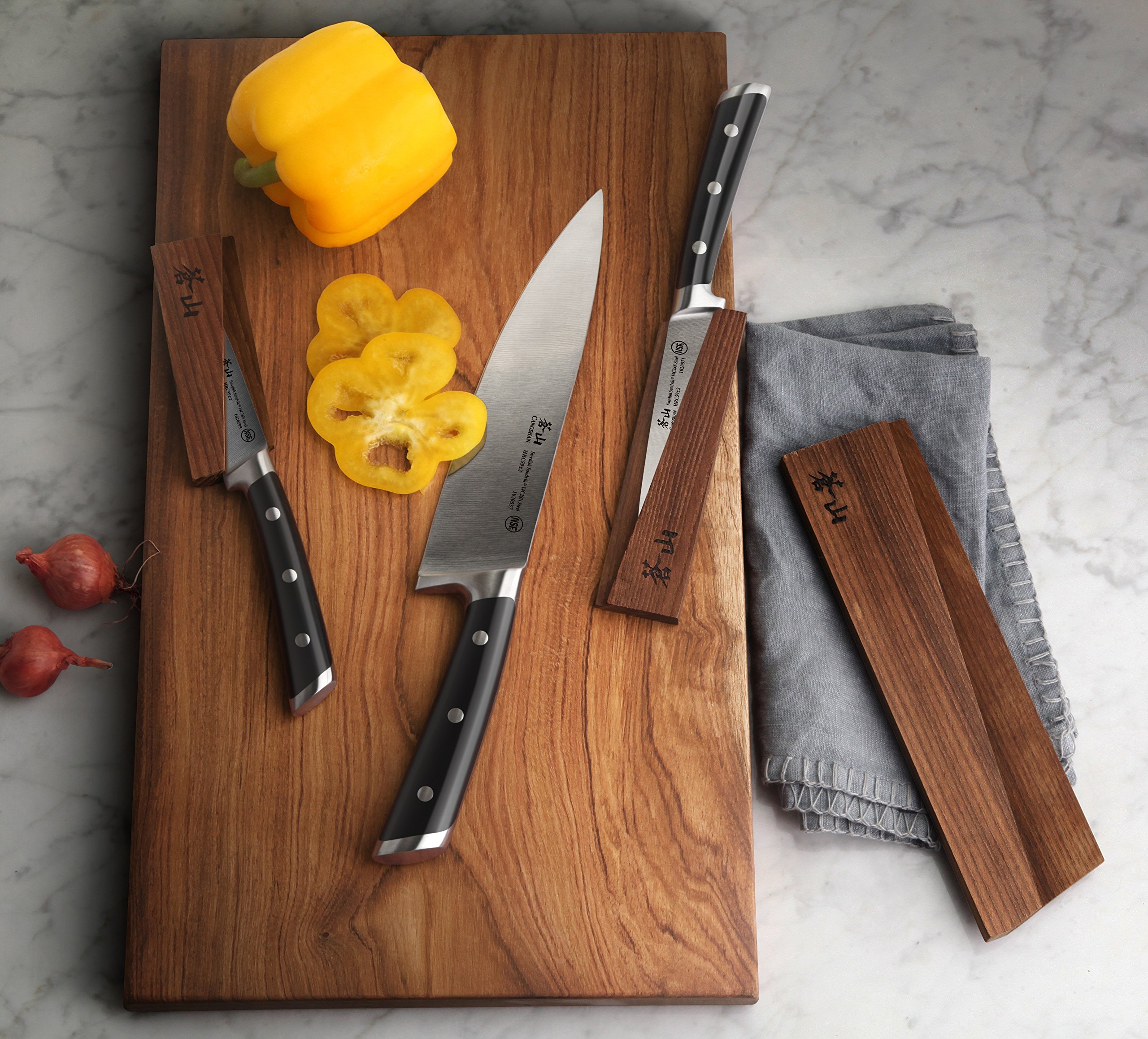 Cangshan TS Series 3-Piece Starter Knife Set - 14C28N Swedish Steel Forged Blades with Wooden Sheaths - Perfect for Home Cooking, Camping & Outdoor Adventures