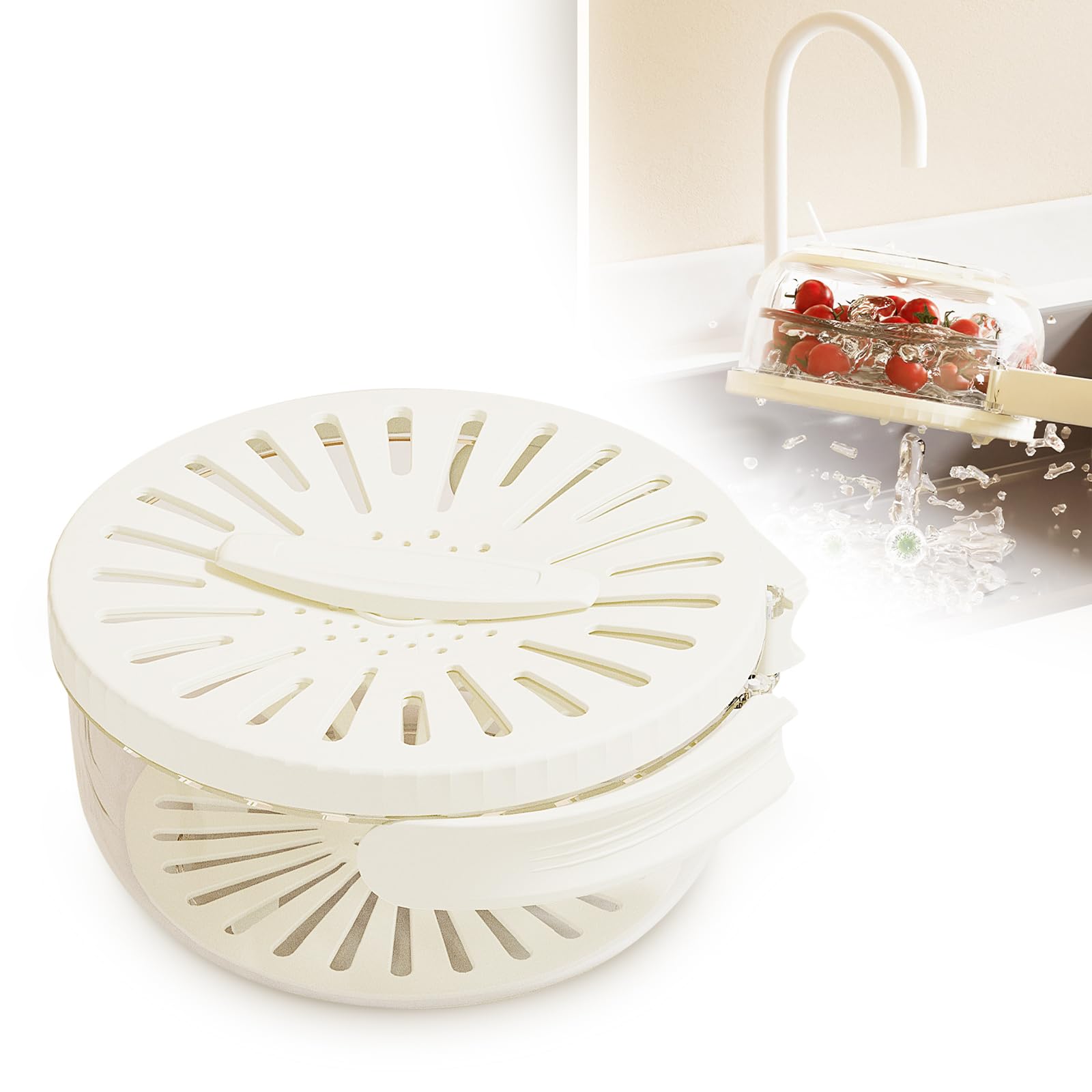 2 in 1 Collapsible Fruit & Vegetable Drainer Basket with Cover - Bilayer Strainer Bowl for Washing Produce - Compact Kitchen Storage for Small Spaces - Perfect for Salad Prep, Berry Rinsing & Dish Draining (White)