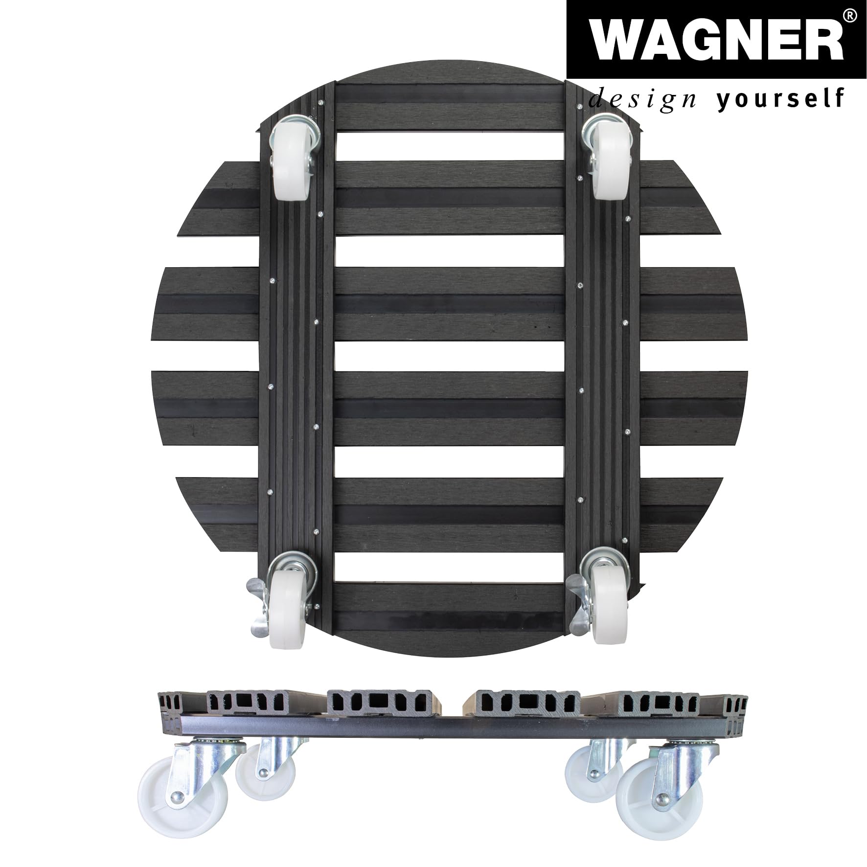 Wagner Plant Caddy WPC - 19.69 Inch Round Flower Pot Stand for Indoor & Outdoor Use - FSC® Certified Wood Plastic Composite (Charcoal) - 265 lbs Capacity with 2 Brakes - Perfect for Patio, Garden, and Home Decor (Model 64-0565)