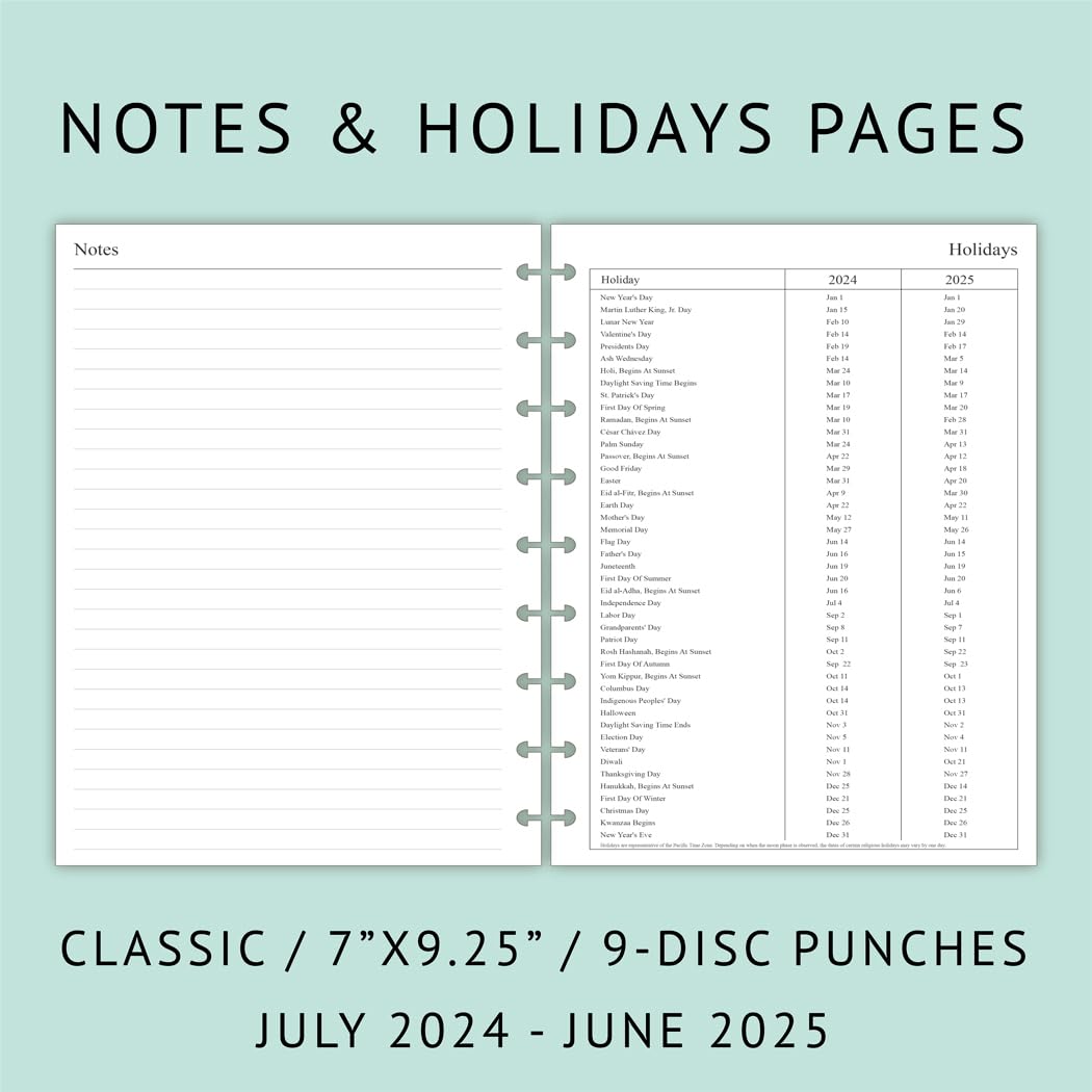 Newestor 2024-2025 Weekly Planner Refills for Happy Planner - July 2024 to June 2025 Calendar, 9 Discs Punched, Classic Size 7
