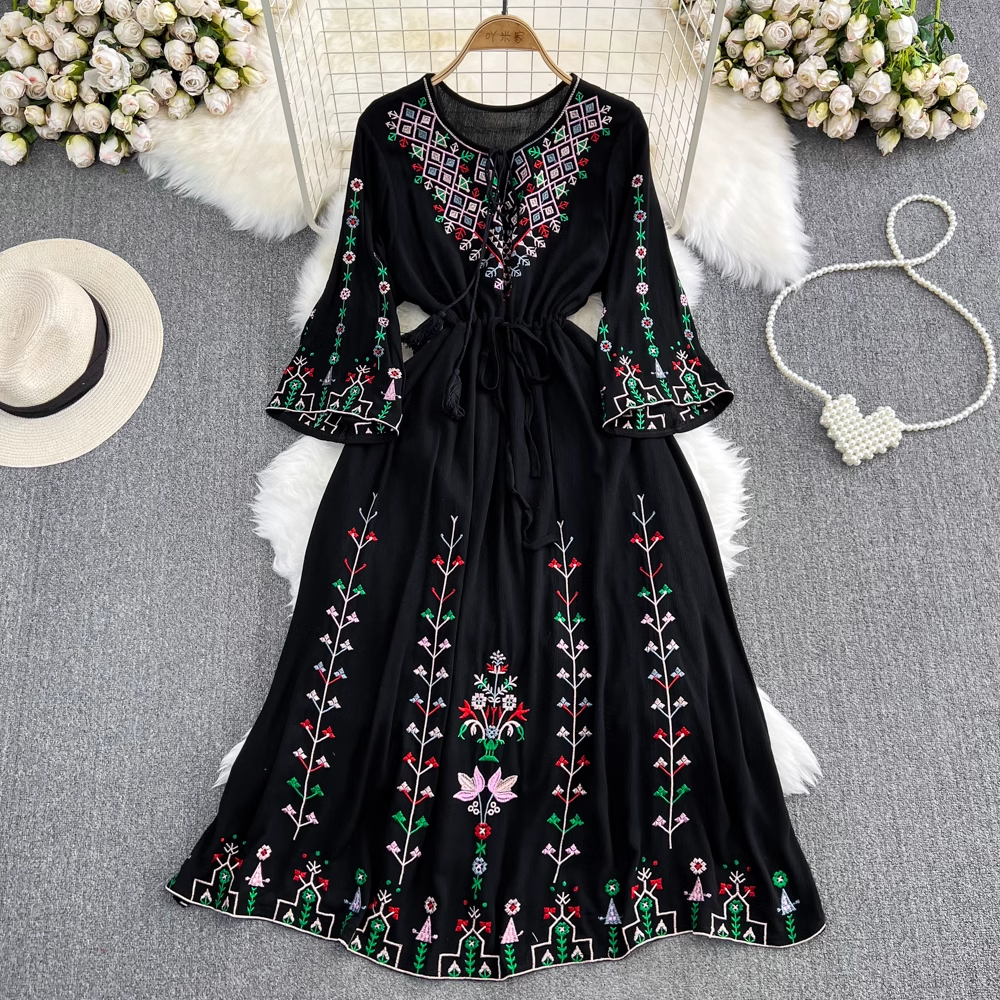 Bohemian V-Neck Embroidered Elegant A-Line Cotton Dress for Women | Summer Casual Boho Maxi Dress for Beach, Vacation & Outdoor Events