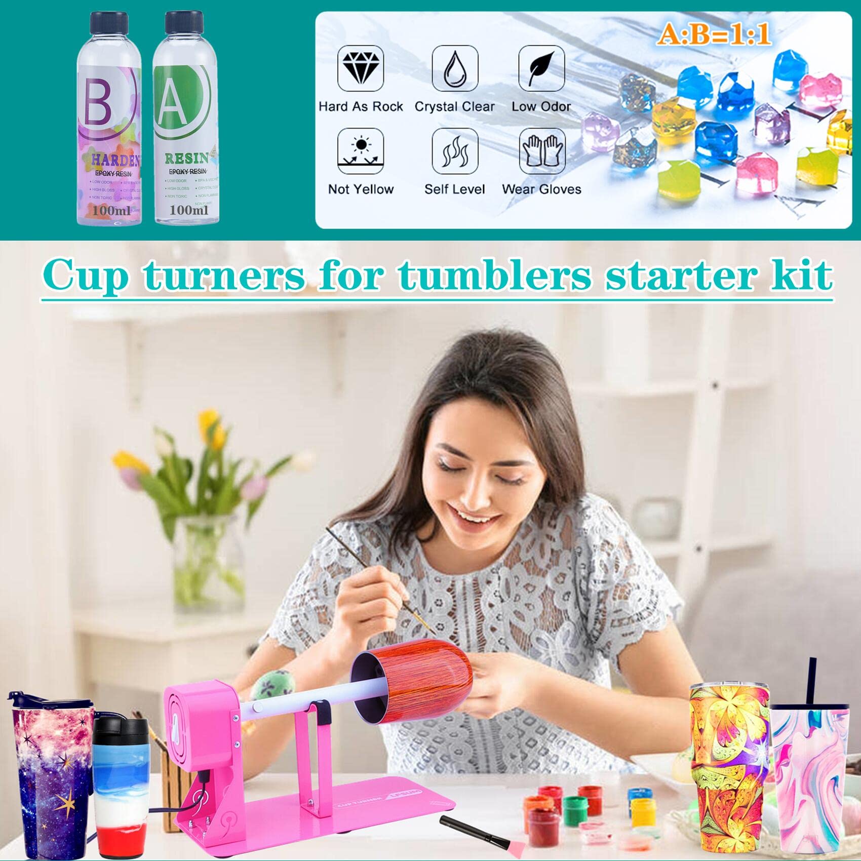 LFSUM Tumbler Cup Turner Kit for DIY Crafts - Epoxy Resin Spinner with Glitter Powder & Heat Gun - Beginner Friendly Rose Red Cup Decorating Tool for Custom Tumblers, Mugs & Drinkware (Perfect for Birthday Gifts, Party Favors & Personalized Drink Containers)