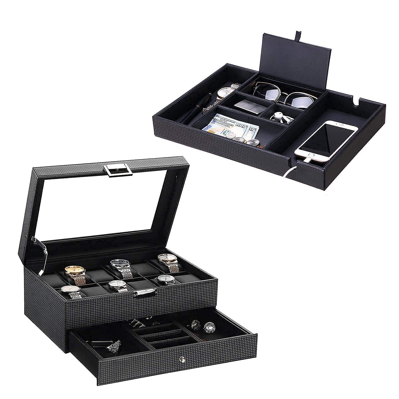 BEWISHOME Carbon Fiber Watch Box Organizer & Valet Tray - Men's Dresser and Nightstand Storage Case - Perfect for Watch Collection, Jewelry, and Small Essentials Organization at Home or Office