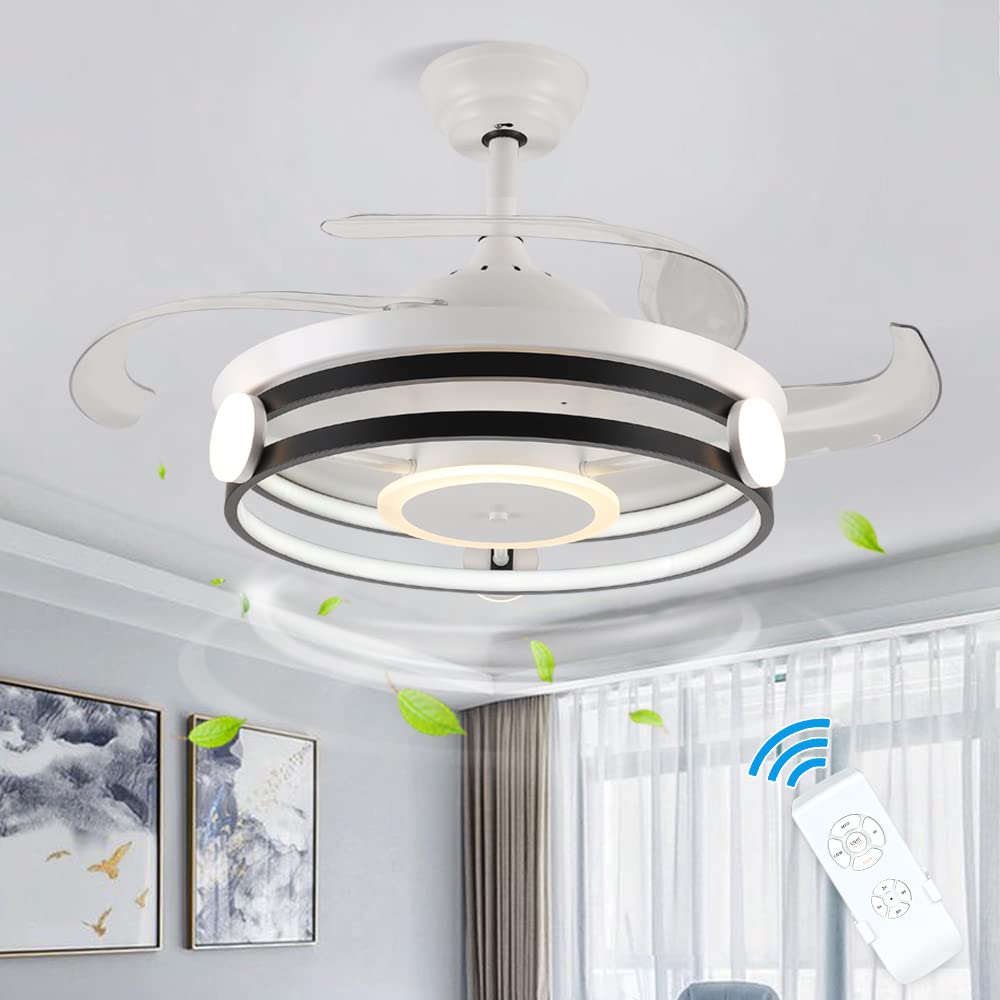 DLLT Modern 30W Retractable 3-Blade LED Ceiling Fan with Remote Control, Color Changeable (3000K-6000K) & Timer - Low Profile Chandelier Fan for Living Room, Bedroom, Dining Room - Perfect for Home Cooling and Ambient Lighting