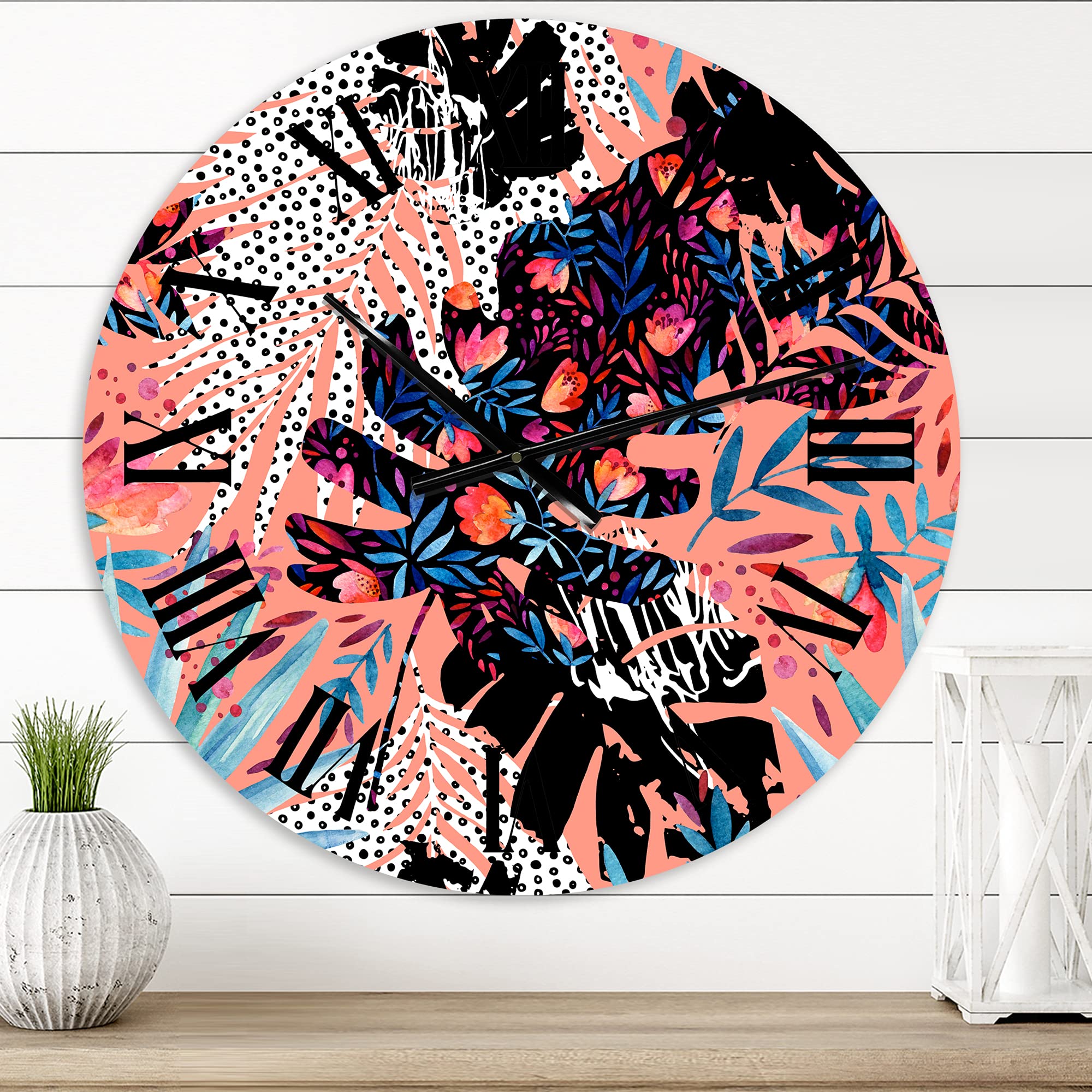 DesignQ Tropical Floral Patchwork II Wall Clock - Large Landscape & Nature Wall Art for Home, Office & Living Room Decor | Perfect for Beach House, Boho & Farmhouse Style