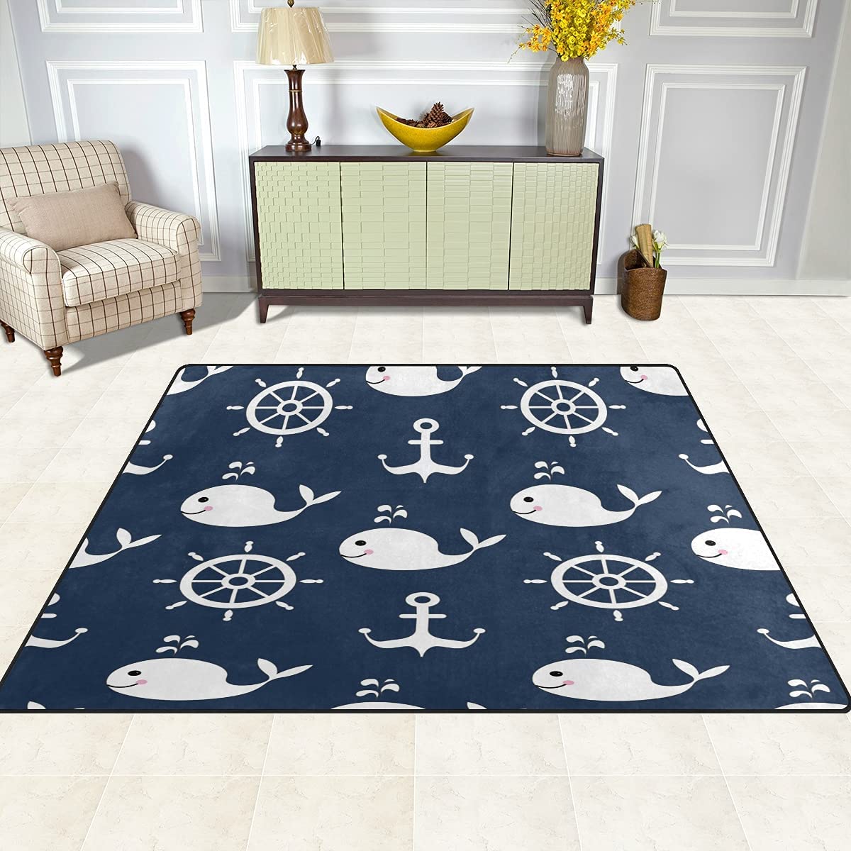 ALAZA Retro Cartoon Whale Anchor Non-Slip Area Rug 7' x 5' - Soft Living Room Bedroom Rug for Kids Nursery, Dorm Decor & Coastal Home Style
