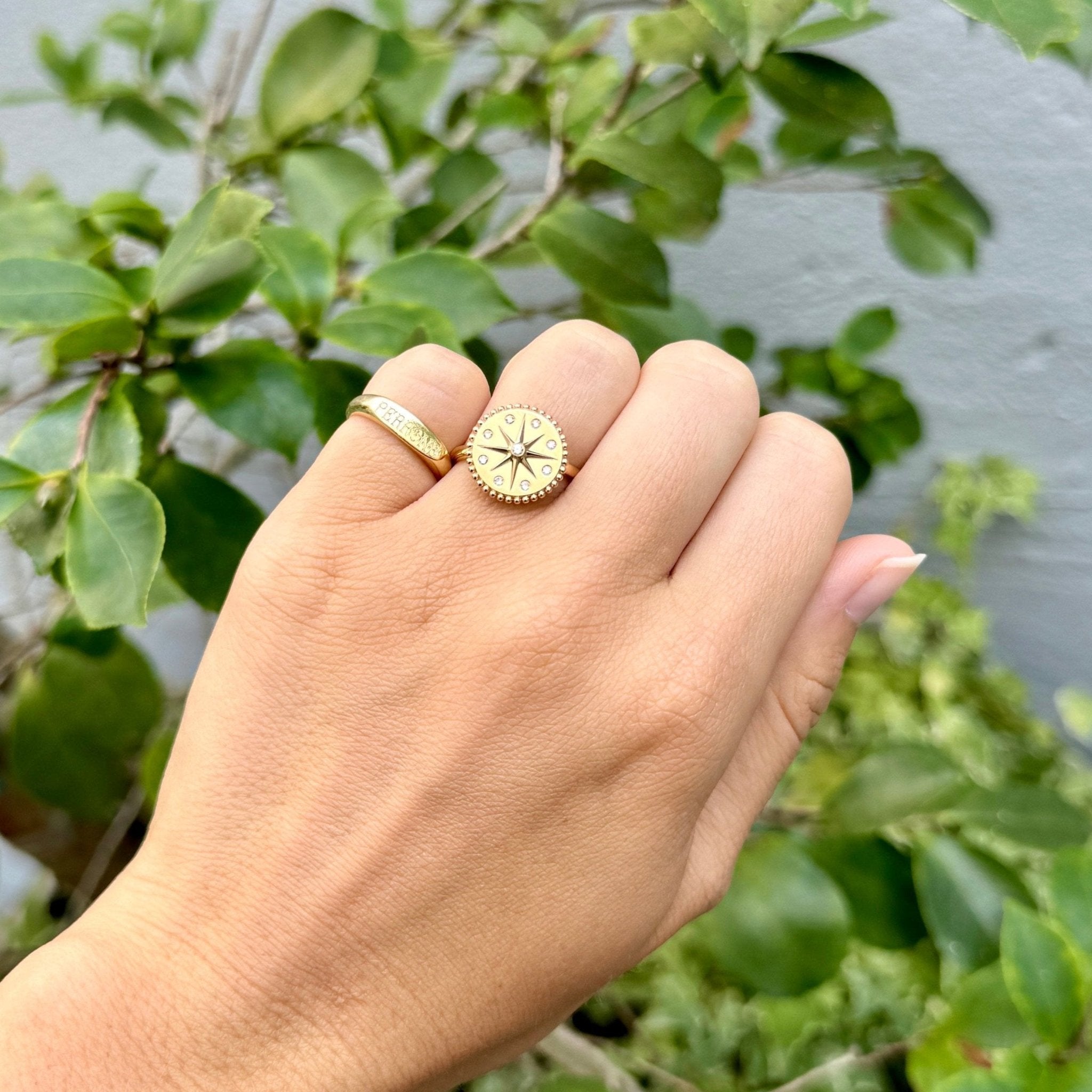 18K Yellow Gold Diamond Starburst Beaded Disc Ring for Women - Elegant Stackable Statement Jewelry for Parties, Weddings & Special Occasions