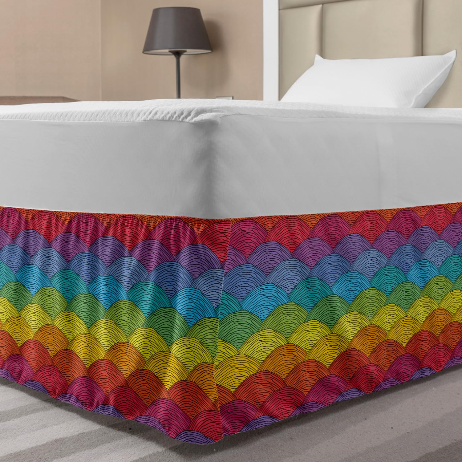 Ambesonne Abstract Bed Skirt - Geometric Colorful Waves Seigaiha Pattern Elastic Bedskirt Dust Ruffle Wrap Around for Twin/Twin XL Beds | Multicolor Home Decor | Perfect for Modern Bedroom & Guest Room Styling