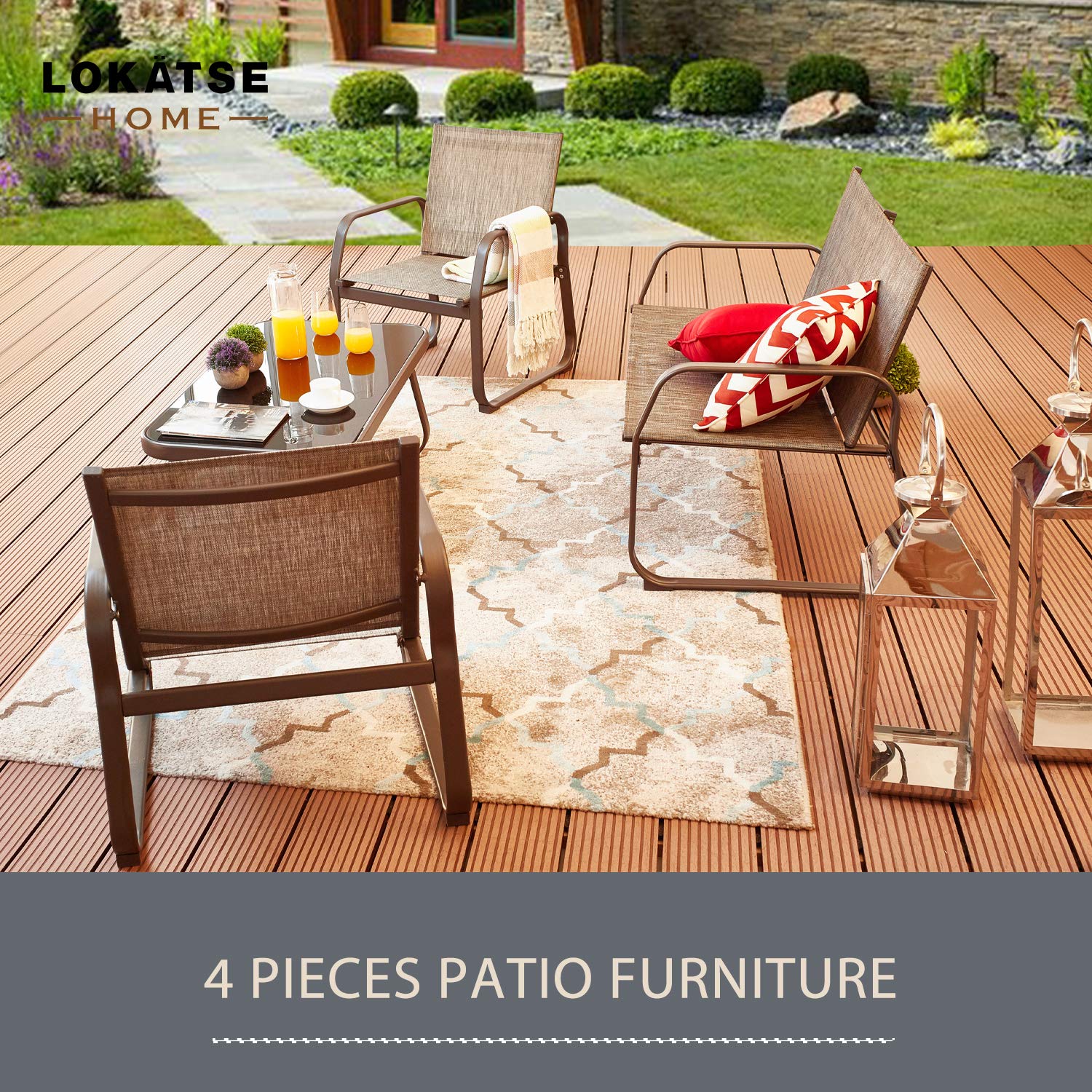 LOKATSE HOME 4-Piece Outdoor Patio Furniture Set - Bistro Conversation Set with Tempered Glass Coffee Table & Loveseat for Poolside, Porch, Lawn, Garden, Backyard & Balcony - Perfect for Relaxing, Entertaining & Outdoor Dining