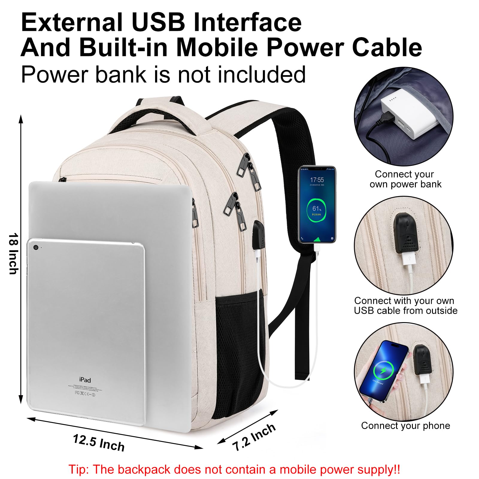Durable School Backpack for Teens & College Students - Laptop Backpack with USB Charging Port, Ergonomic Book Bag for Men & Women (Beige) - Perfect for School, Travel & Daily Commute