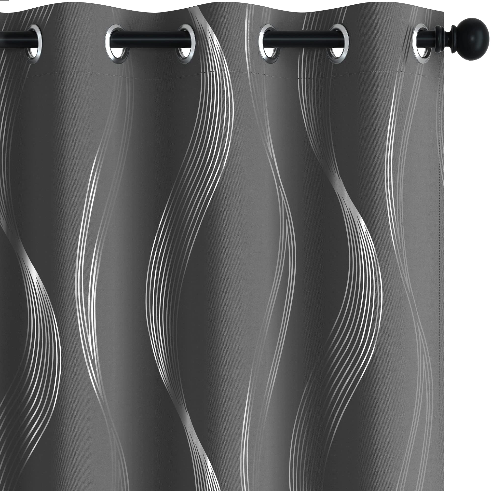 Deconovo Blackout Curtains Set of 2 - 52x108 Inch Dark Grey Foil Print Wave Grommet Curtains for Living Room | Energy Saving, Room Darkening Window Treatments for Bedroom & Home Theater