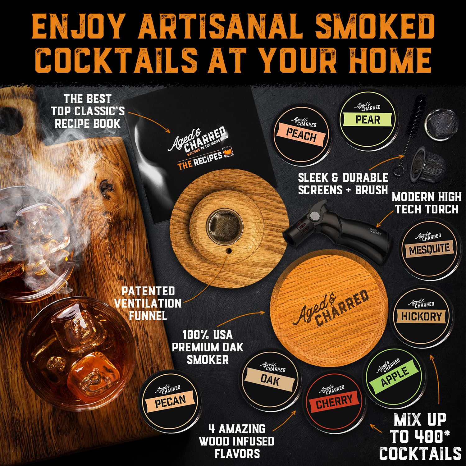 Premium Cocktail Smoker Kit with Torch & Wood Chips - Oak Wood Smoking Set for Whiskey & Bourbon - Old Fashioned Cocktail Maker - Unique Gifts for Men (Husband, Father, Son) - No Butane Needed - Perfect for Home Bars, Parties & Special Occasions