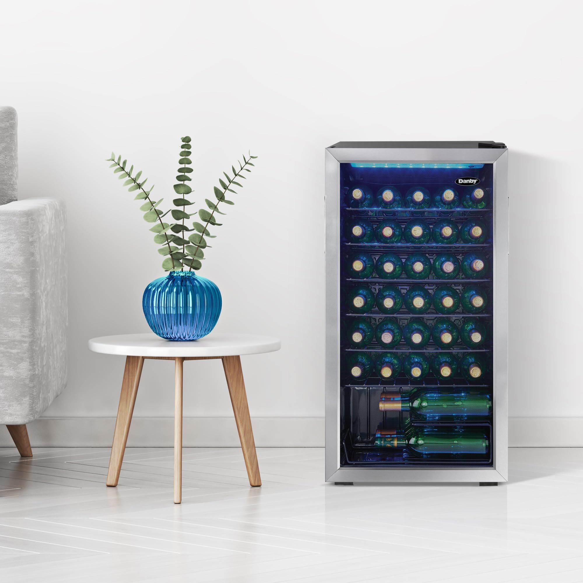 Danby DWC036A1BSSDB-6 3.3 Cu. Ft. Freestanding Wine Cooler - 36 Bottle Capacity Single Zone Refrigerator with Glass Door | Stainless Steel Wine Fridge for Kitchen, Home Bar, Restaurant & Office Use