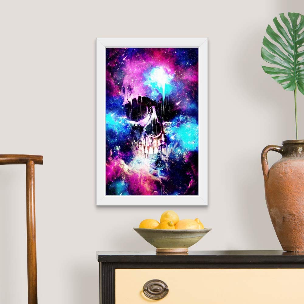 Space Skull White Framed Art Print - Skull & Bones Wall Decor for Gothic Home, Office, or Halloween Party Decoration