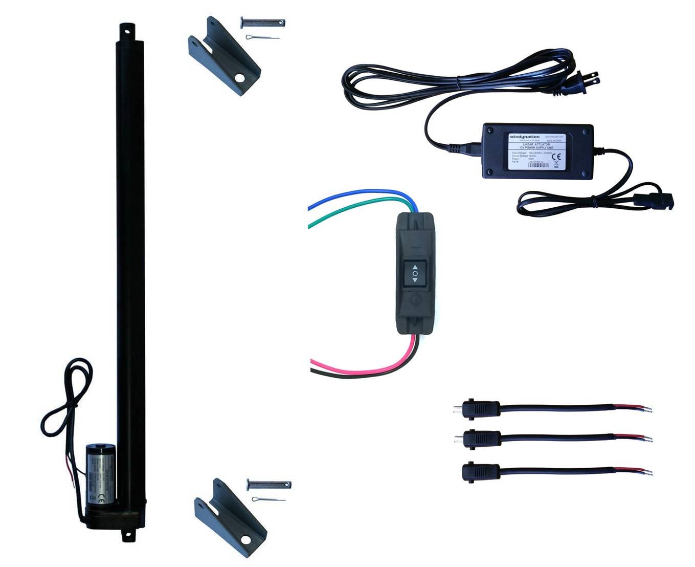 WindyNation 12V Linear Actuator Kit with Power Supply, DPDT Switch & Mounting Brackets - 30 Inch Heavy Duty Electric Actuator for Home Automation, RV Leveling, Medical Equipment & Industrial Machinery