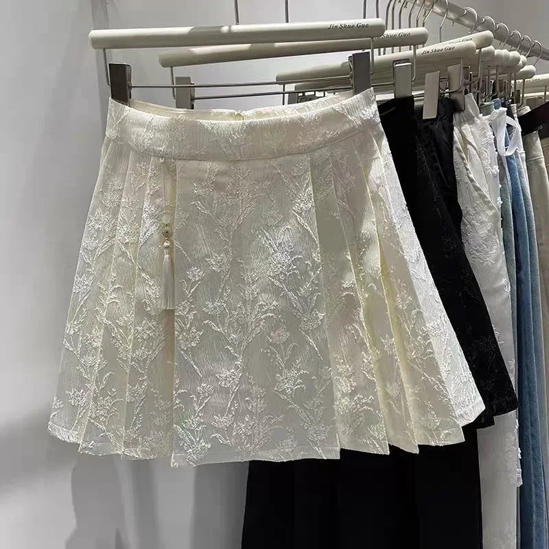 Beige Floral Embroidered Women's Pleated Skirt - 2024 New Chinese Style High Waist A-Line Retro Mini Skirt for Spring & Summer | Perfect for Casual Outings, Date Nights & Boho Fashion