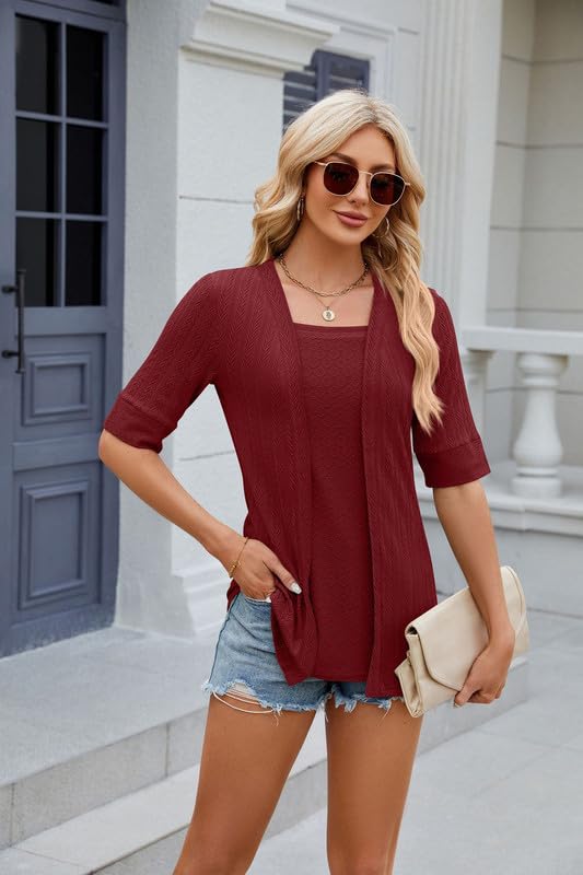Women's Casual Short Sleeve Tunic Top - Square Neck Pullover Blouse with Layered Two-Piece Look, Elegant Cardigan Style for Office Wear & Summer Outfits | Perfect for Work, Date Nights and Weekend Brunch