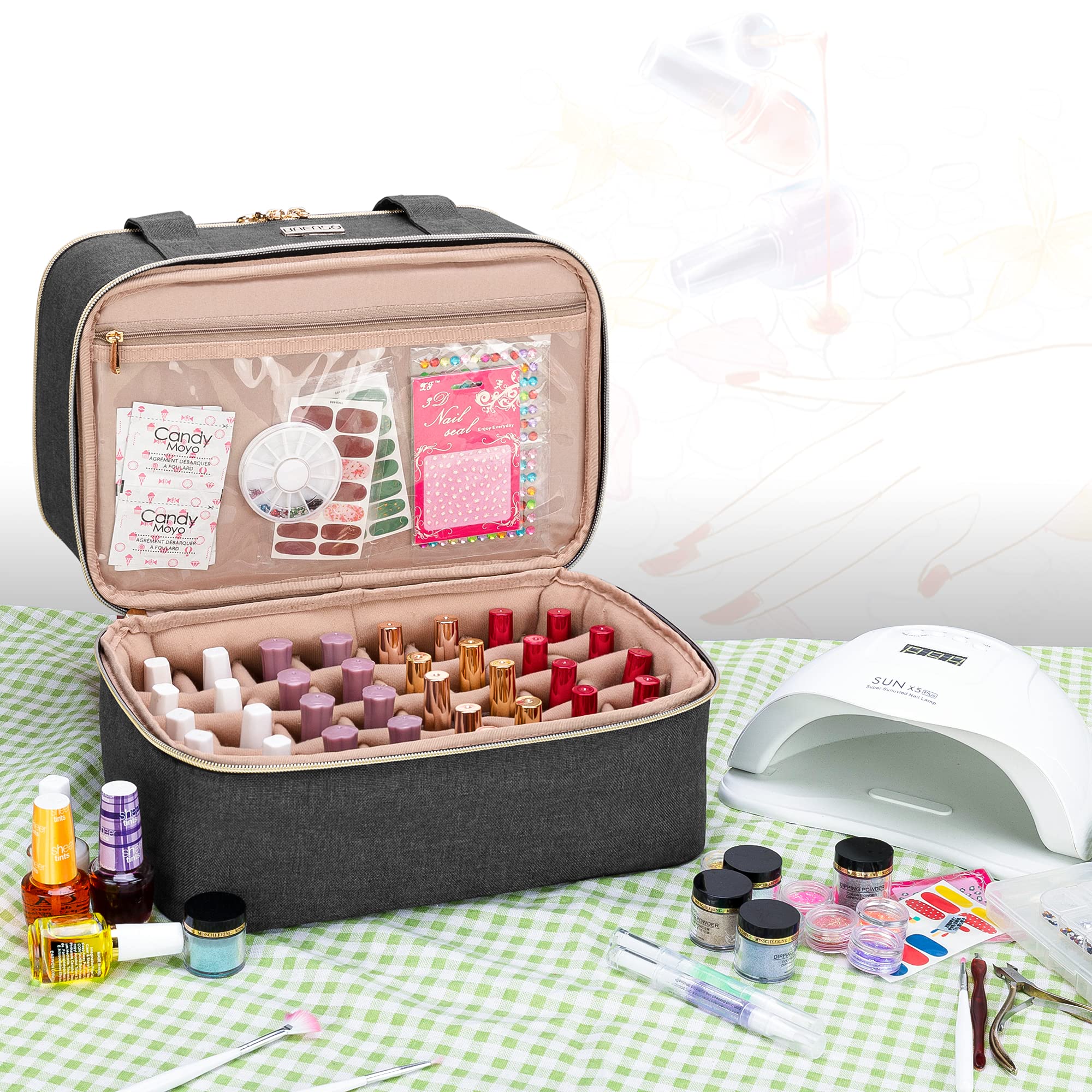 BAFASO Professional Nail Polish Organizer Case - Holds 40 Bottles (15ml/0.5oz) with UV/LED Lamp Storage & Manicure Tool Compartments | Portable Nail Art Carrying Bag for Salon, Travel & Home Use - Black