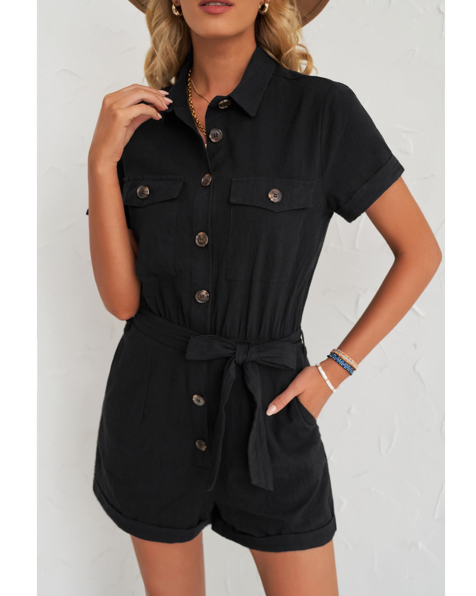 GRAPENT Women's Summer Short Sleeve Button Down Jumpsuit with Pockets & Belt - Casual Romper for Beach, Vacation & Outdoor Activities