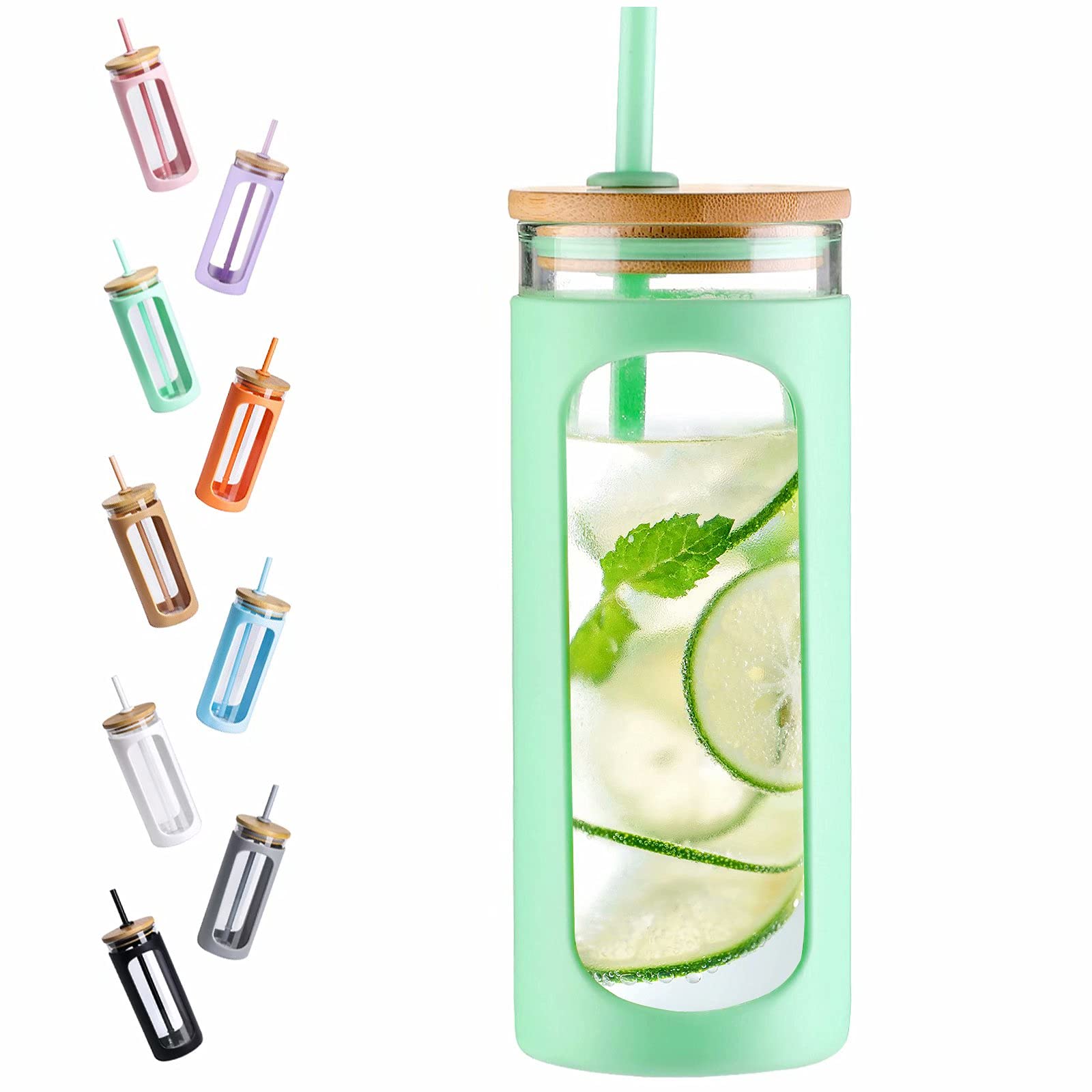 Eco-Friendly 20oz Glass Tumbler with Bamboo Lid & Silicone Straw - BPA-Free Reusable Water Bottle for Iced Coffee, Smoothies, and Cold Drinks - Perfect for Home, Office, Gym, and Outdoor Activities - Green