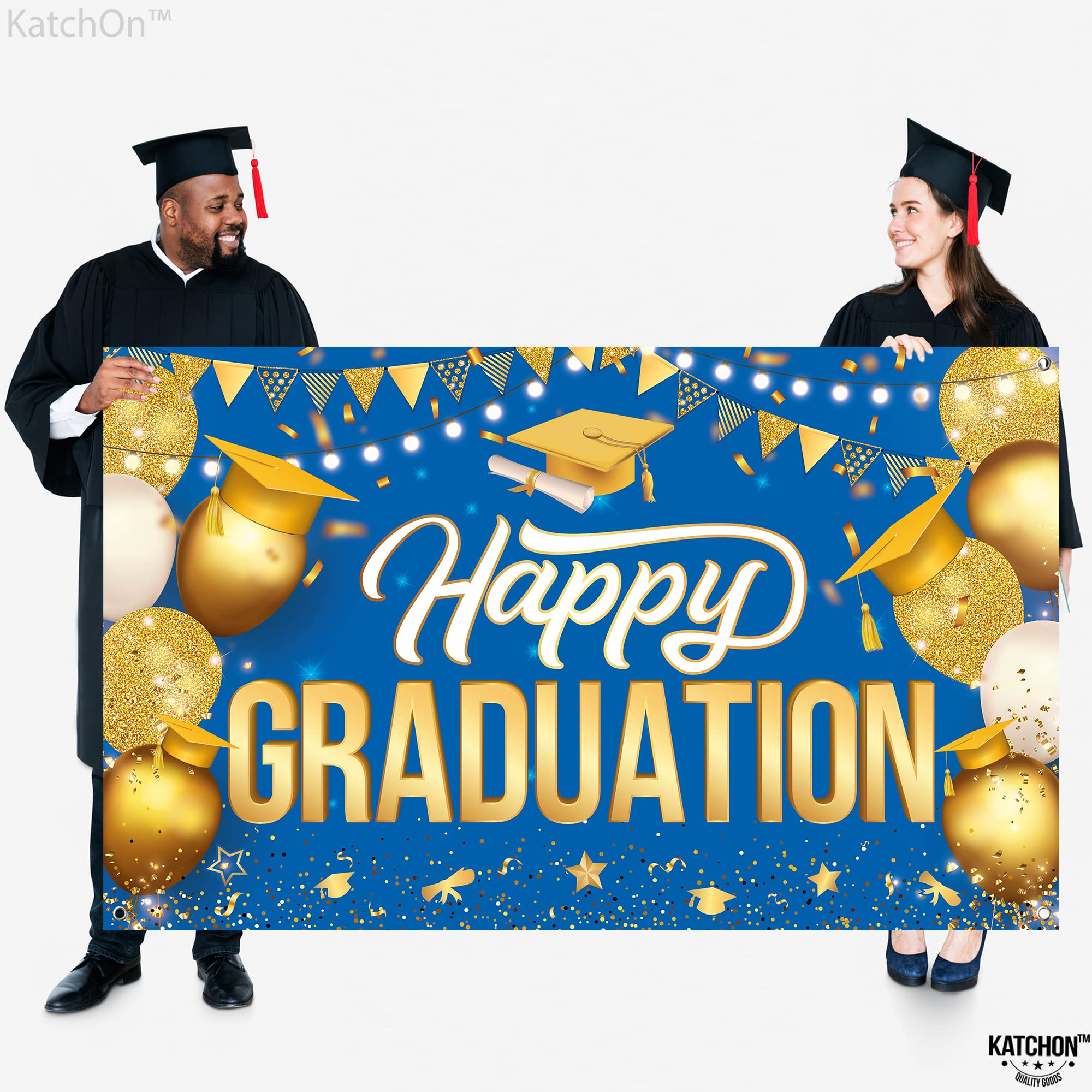 Katchon Extra Large Graduation Banner - 72x44 Inch Gold & Blue Happy Graduation Backdrop for Class of 2025 | 2025 Graduation Party Decorations, Commencement Ceremony Decor | Perfect for Graduation Photos, School Events & Celebration Parties