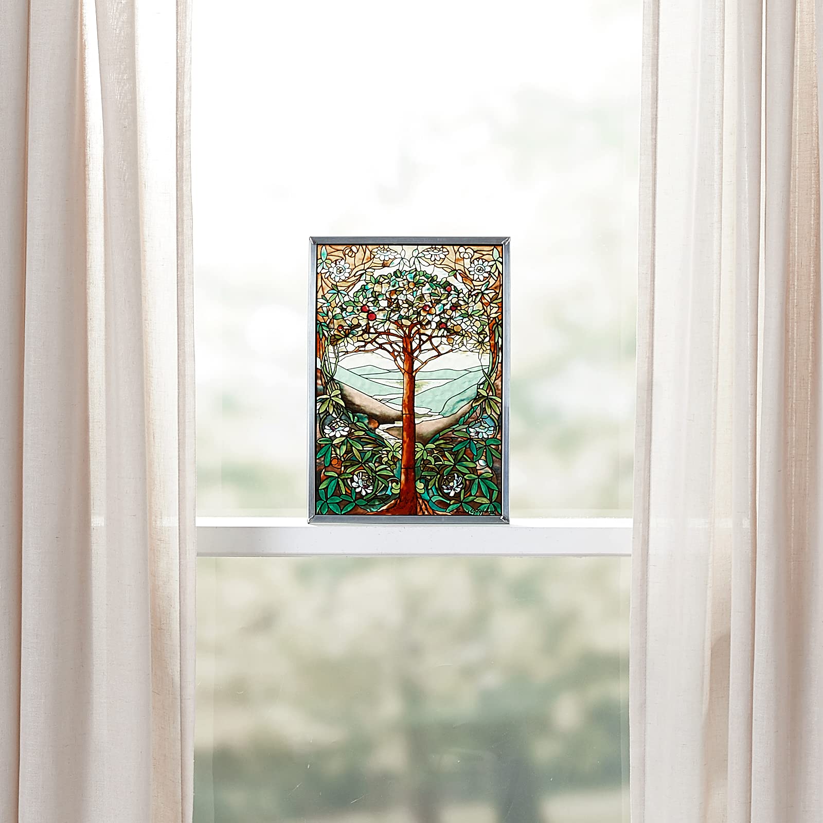 Design Toscano Stained Glass Panel - Tree of Life Art Glass Window Hanging for Living Room Decor - Beautiful Stained Glass Window Treatment for Home, Church & Wedding Decorations