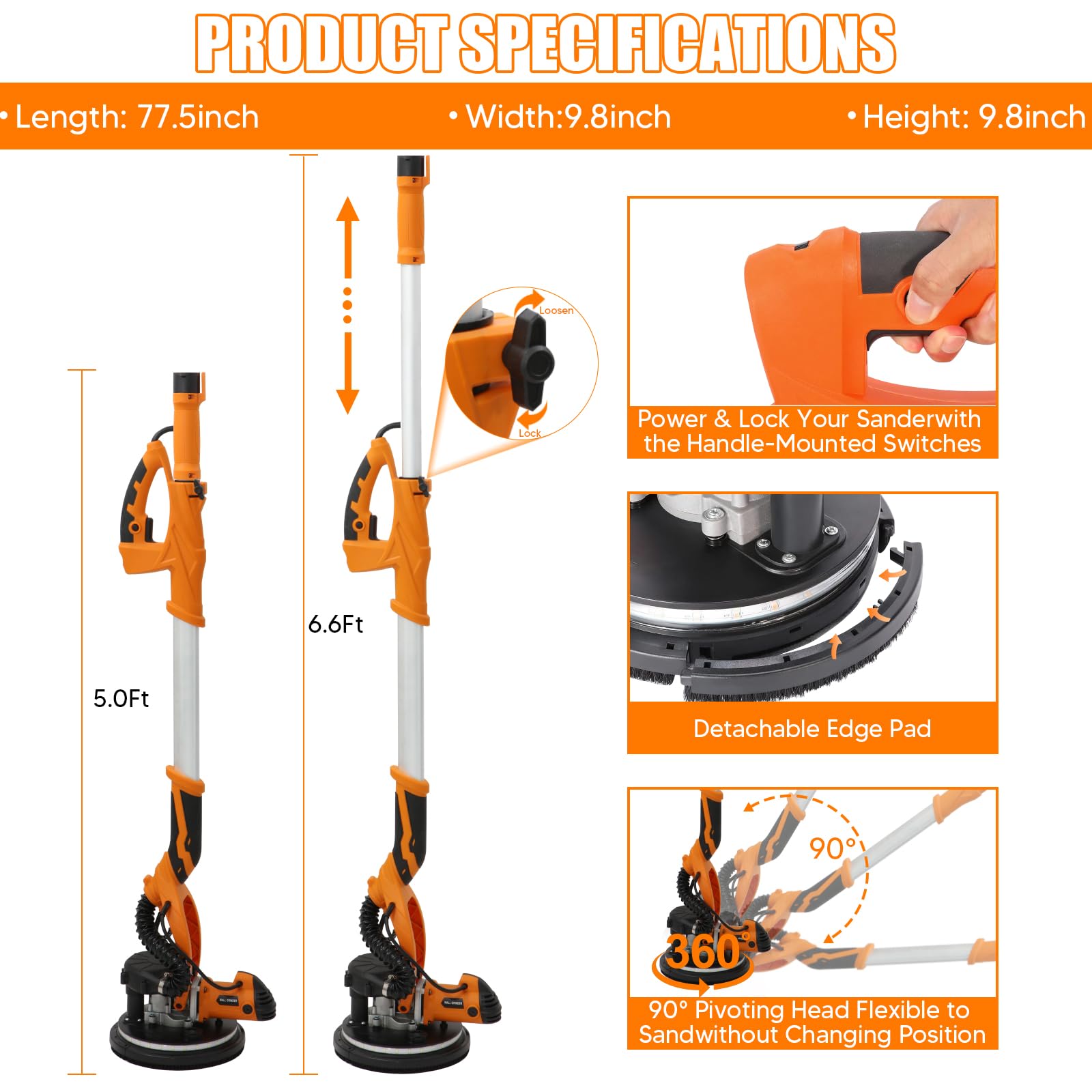 1250W Electric Drywall Sander with Vacuum - 11.5 Amp, 5-Speed Adjustable (800-1800 RPM) | Telescopic Handle with LED Light | Dust Collection Bag & 6.6ft Hose | Perfect for Drywall Repair, Ceiling Sanding & Home Renovation Projects